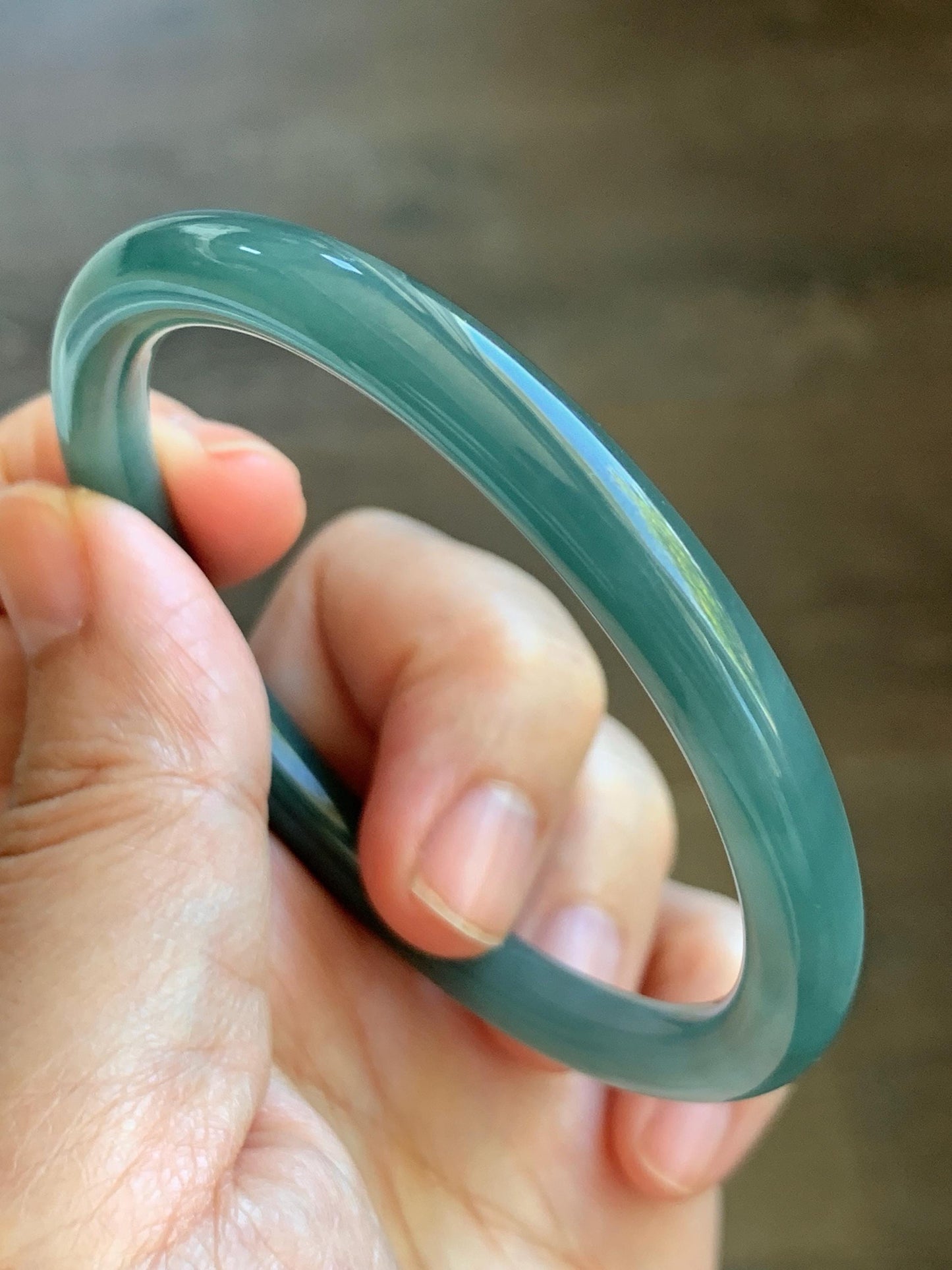 Certified Natural Grade A Guatemalan Icy Translucent Dark Dusty Teal Green Jade Jadeite Bangle Bracelet 56.7mm 7” 24g 天然冰危深蓝绿翡翠圆条手镯 517