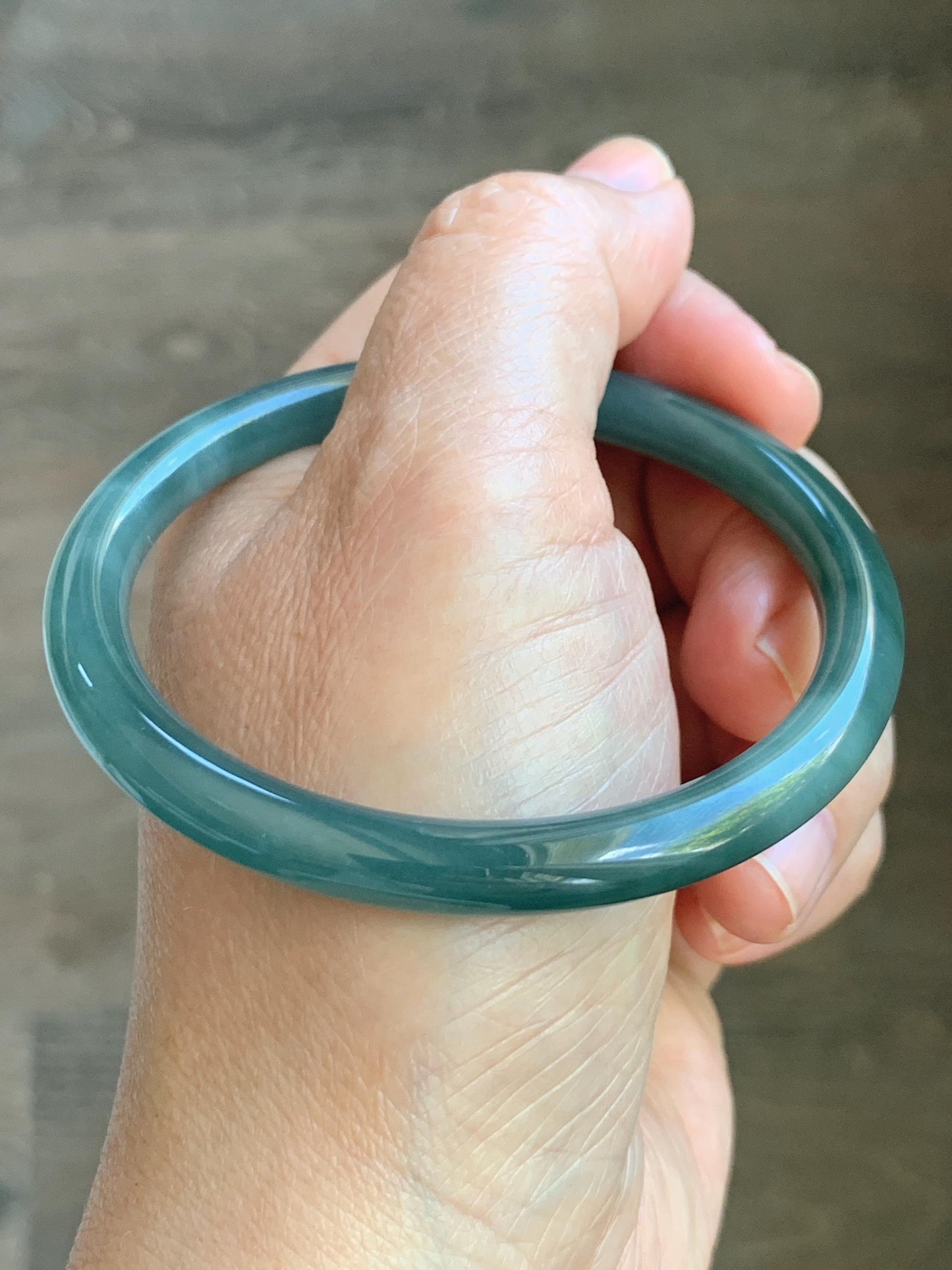 Certified Natural Grade A Guatemalan Icy Translucent Dark Dusty Teal Green Jade Jadeite Bangle Bracelet 56.7mm 7” 24g 天然冰危深蓝绿翡翠圆条手镯 517