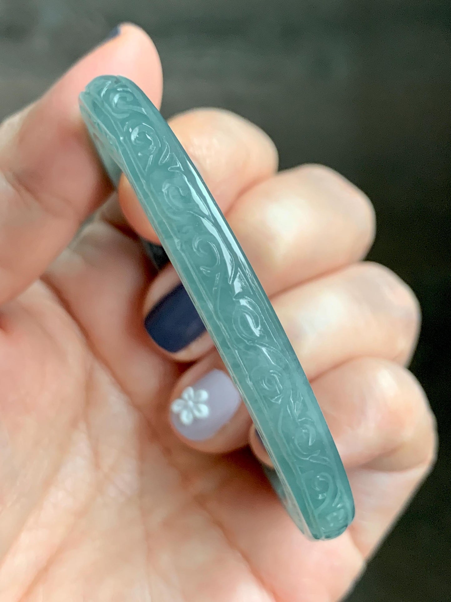 Certified Natural Guatemalan Icy Translucent Dusty Teal Green Jade Jadeite Carved Square Edged Bangle 52.4mm 6.5” As Is 天然冰危晴蓝翡翠仿古雕方镯手镯 475