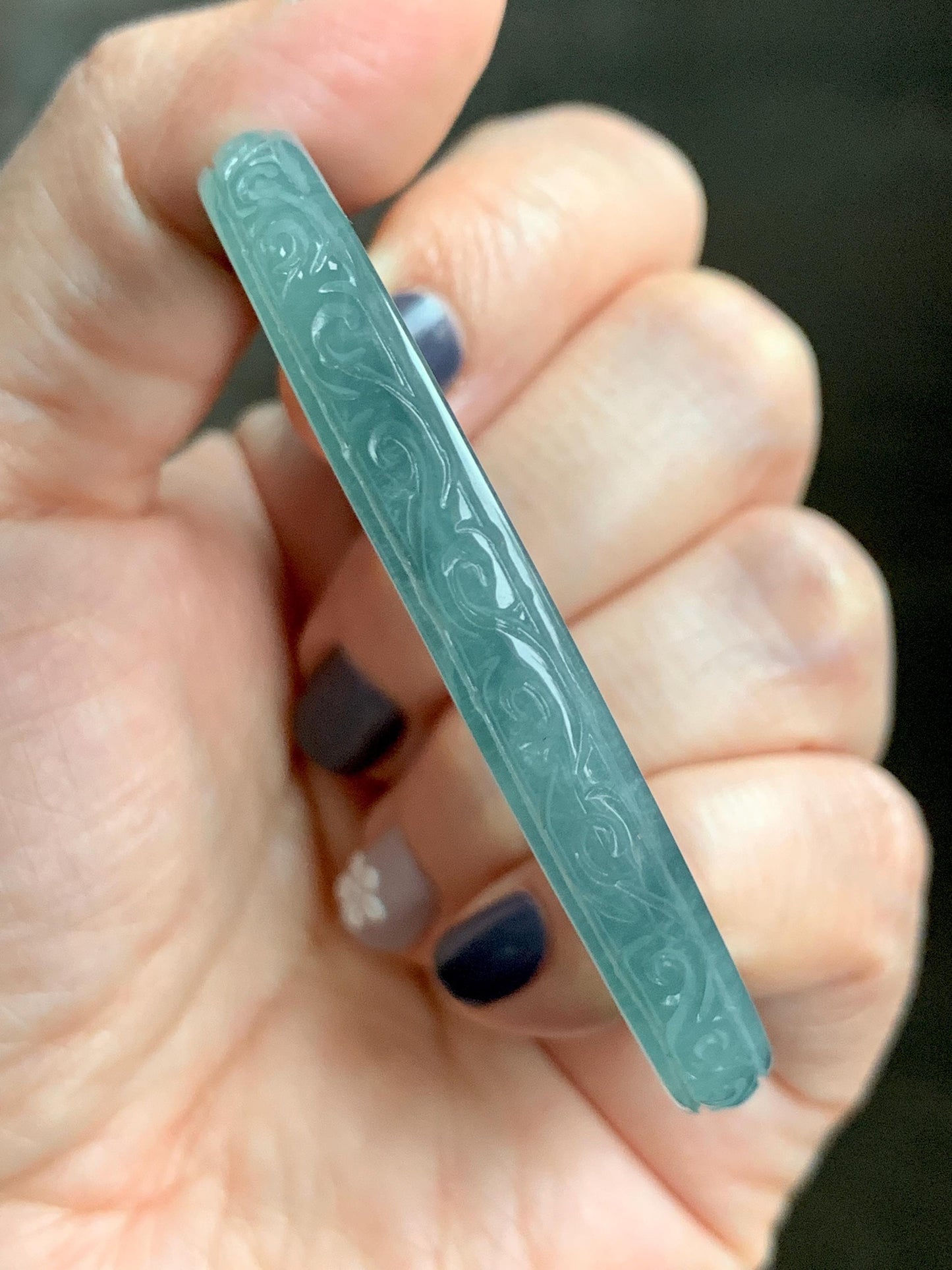 Certified Natural Guatemalan Icy Translucent Dusty Teal Green Jade Jadeite Carved Square Edged Bangle 52.4mm 6.5” As Is 天然冰危晴蓝翡翠仿古雕方镯手镯 475