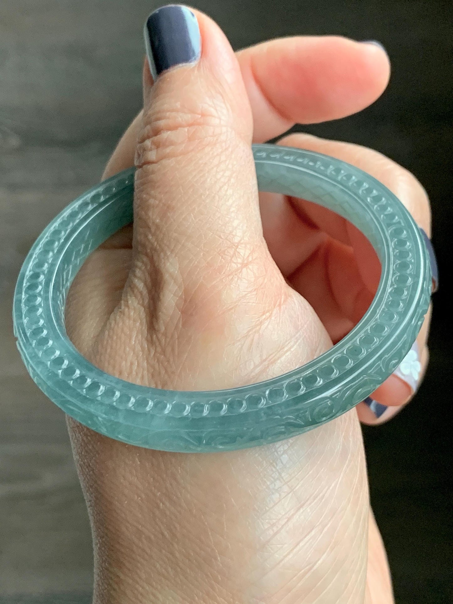 Certified Natural Guatemalan Icy Translucent Dusty Teal Green Jade Jadeite Carved Square Edged Bangle 52.4mm 6.5” As Is 天然冰危晴蓝翡翠仿古雕方镯手镯 475