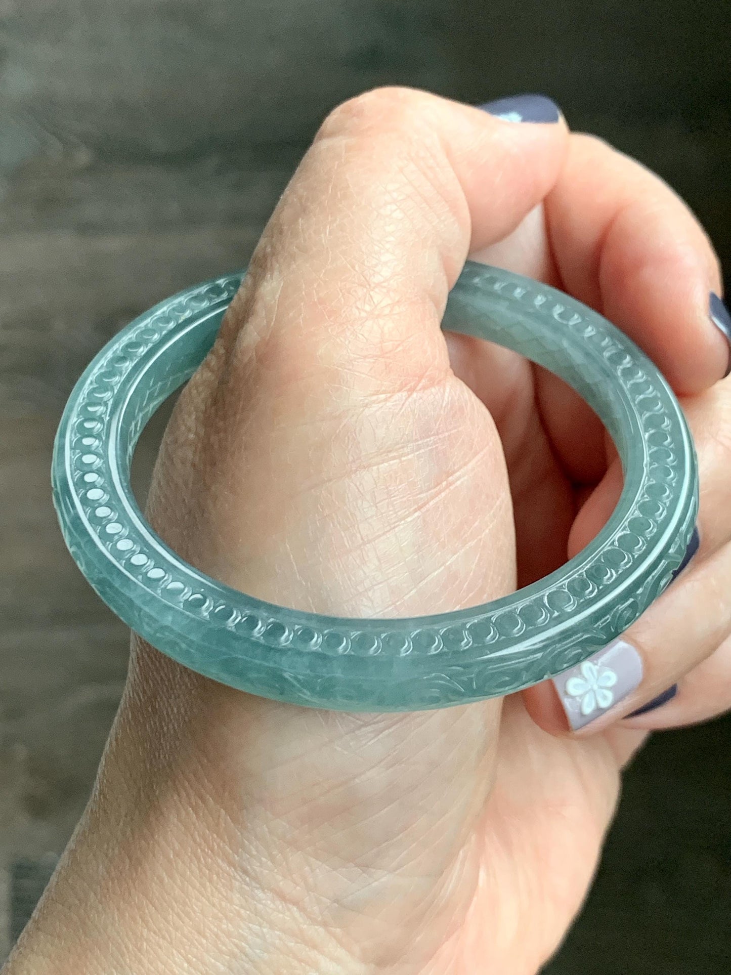 Certified Natural Guatemalan Icy Translucent Dusty Teal Green Jade Jadeite Carved Square Edged Bangle 52.4mm 6.5” As Is 天然冰危晴蓝翡翠仿古雕方镯手镯 475