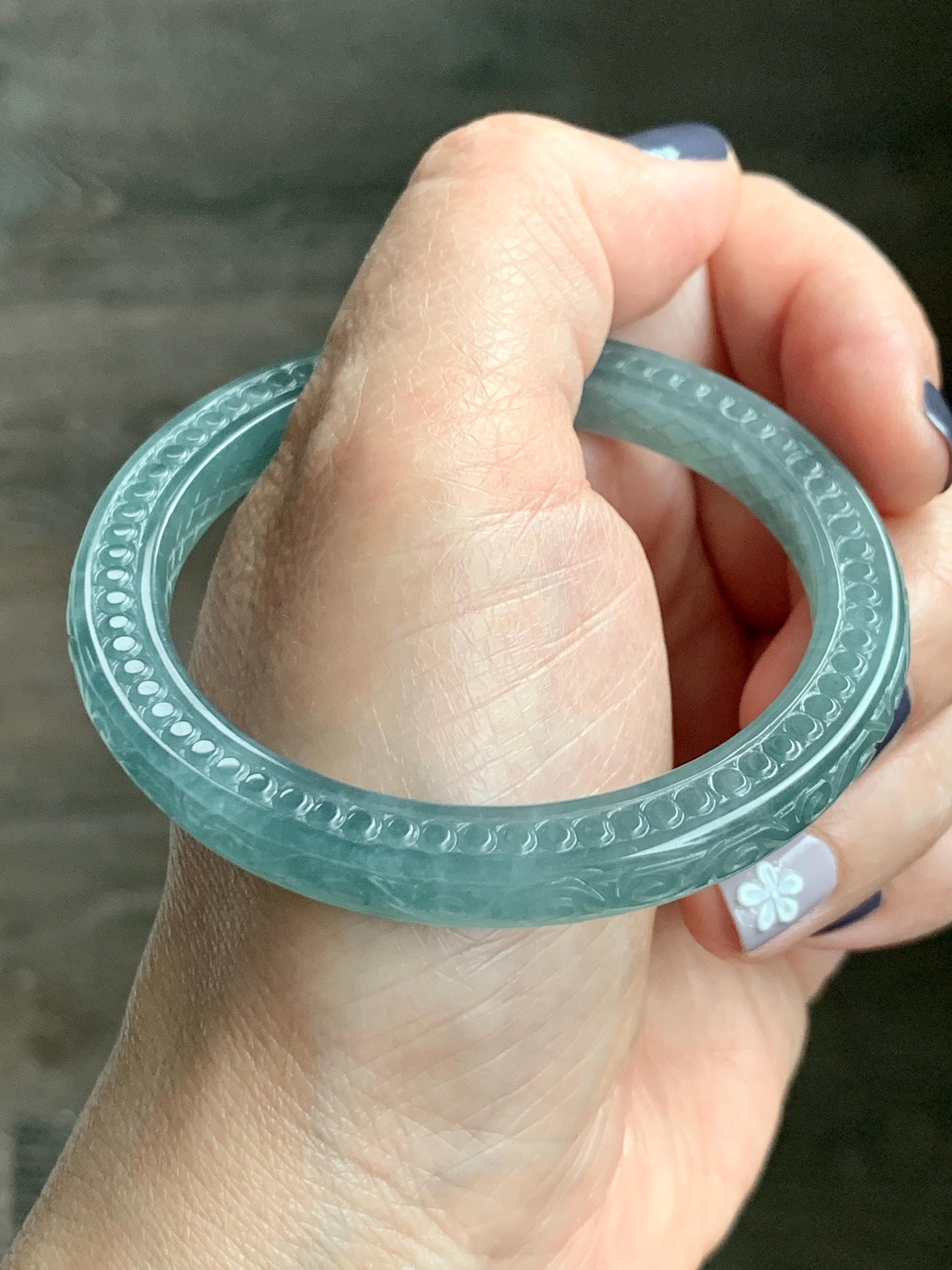 Certified Natural Guatemalan Icy Translucent Dusty Teal Green Jade Jadeite Carved Square Edged Bangle 52.4mm 6.5” As Is 天然冰危晴蓝翡翠仿古雕方镯手镯 475