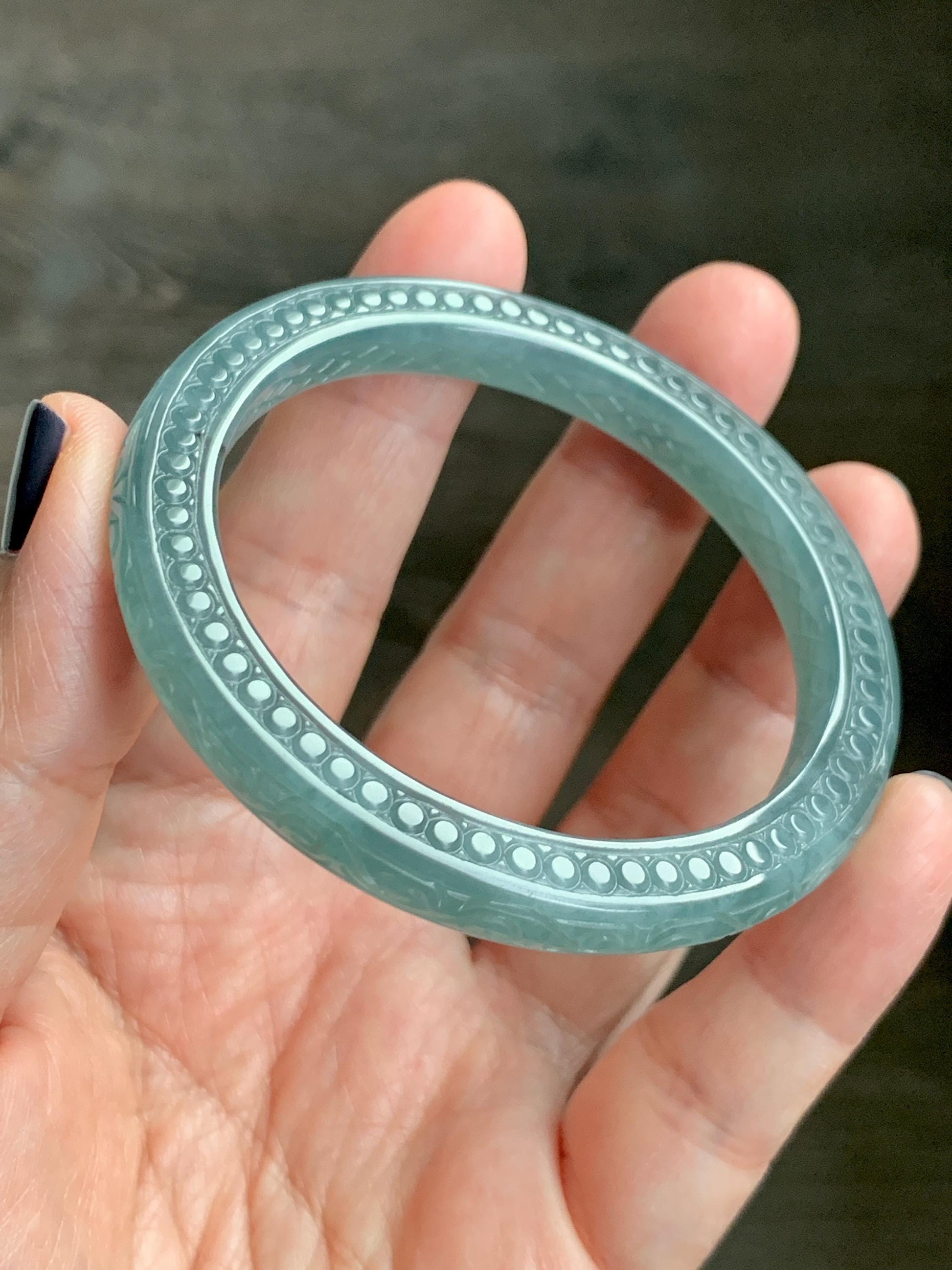 Certified Natural Guatemalan Icy Translucent Dusty Teal Green Jade Jadeite Carved Square Edged Bangle 52.4mm 6.5” As Is 天然冰危晴蓝翡翠仿古雕方镯手镯 475