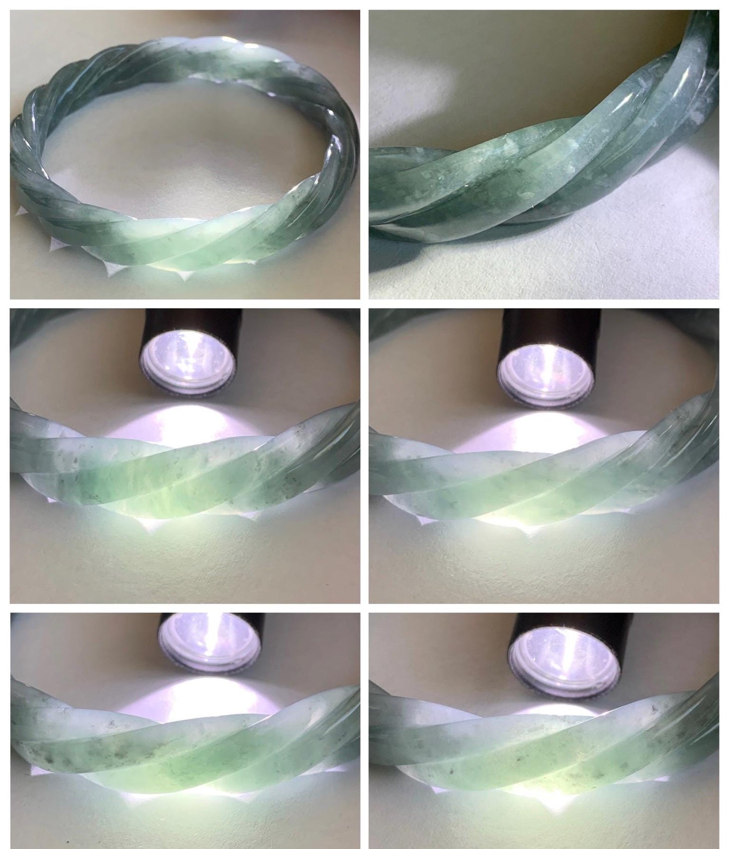 Certified Natural Grade A Guatemalan Icy Translucent Grayish Blue Jade Jadeite Carved Braid Bangle 60.93mm 7.53” 34g 天然冰危淡灰蓝翡翠麻花手镯 489