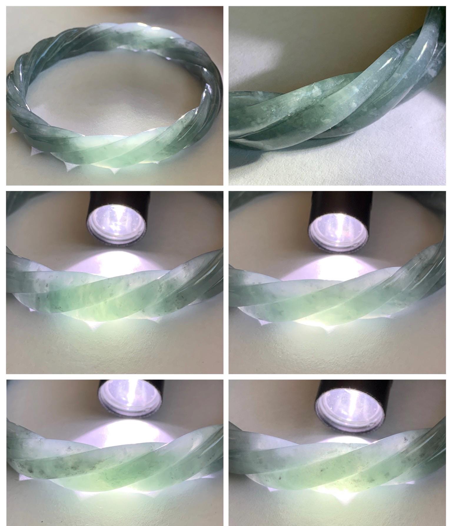 Certified Natural Grade A Guatemalan Icy Translucent Grayish Blue Jade Jadeite Carved Braid Bangle 60.93mm 7.53” 34g 天然冰危淡灰蓝翡翠麻花手镯 489