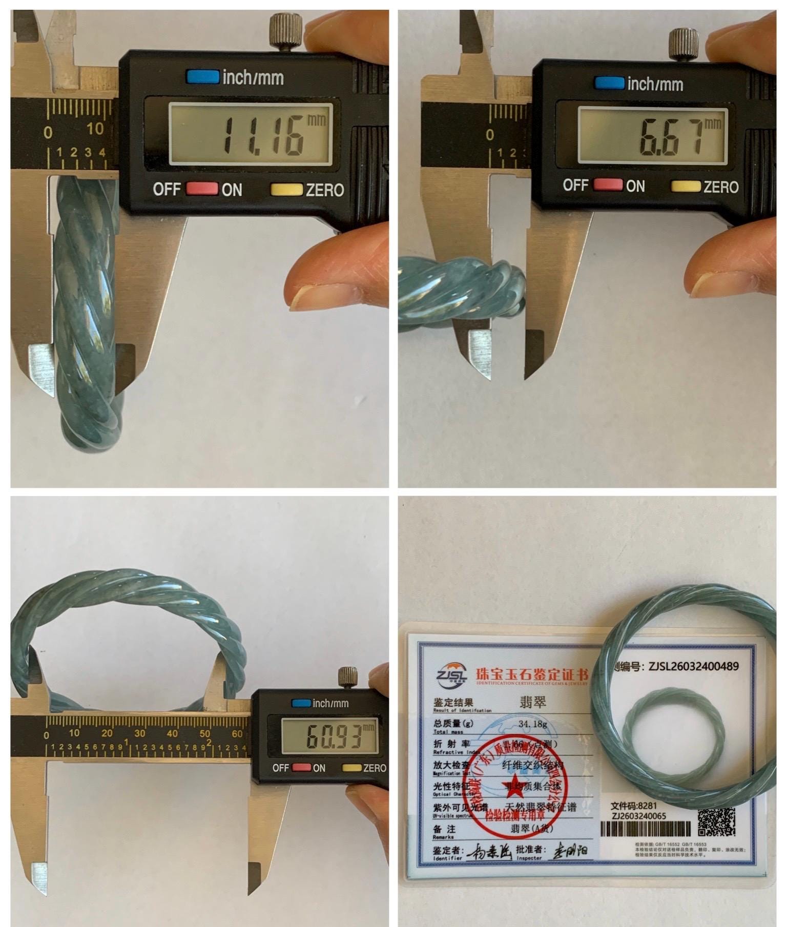 Certified Natural Grade A Guatemalan Icy Translucent Grayish Blue Jade Jadeite Carved Braid Bangle 60.93mm 7.53” 34g 天然冰危淡灰蓝翡翠麻花手镯 489