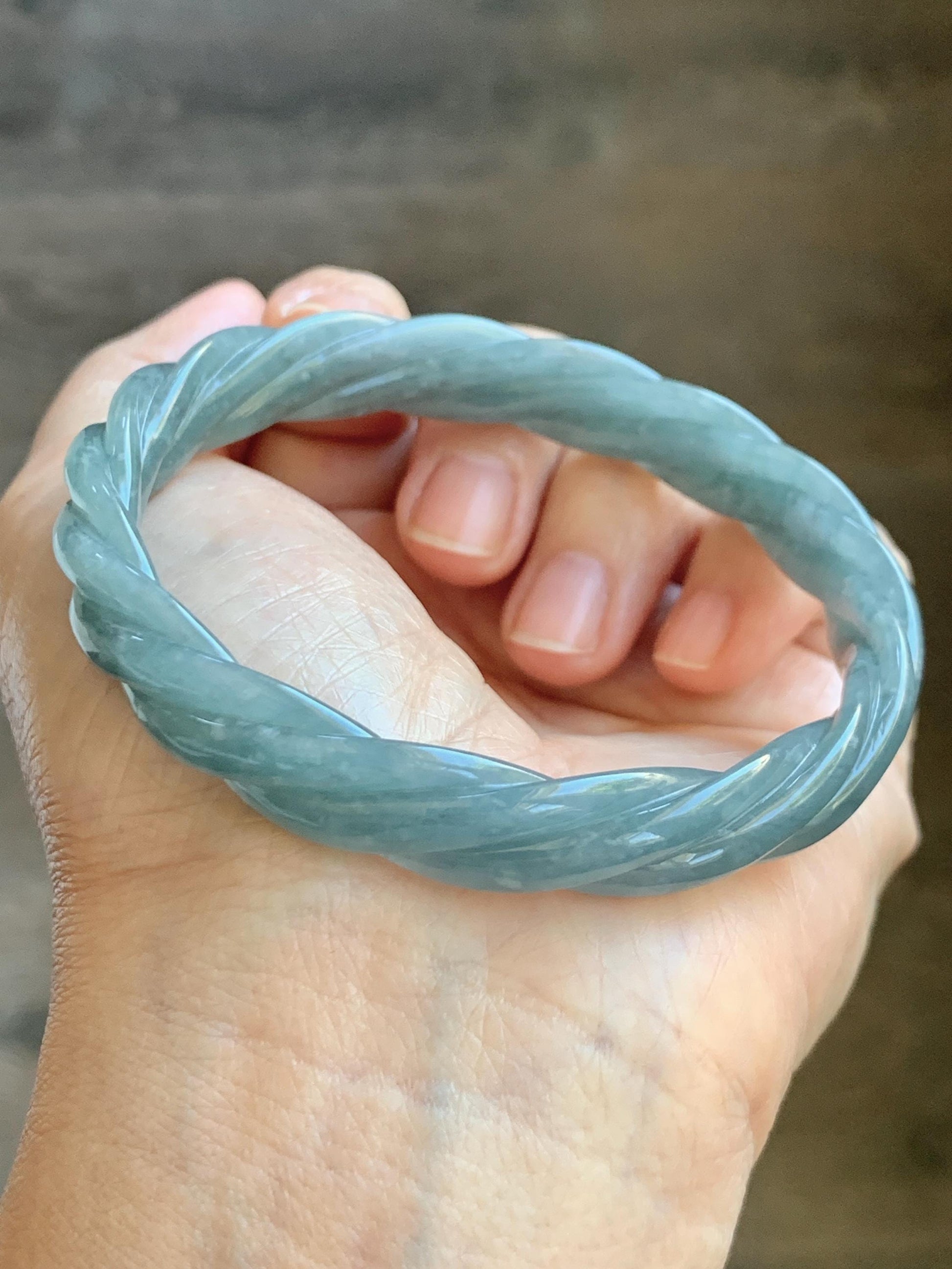 Certified Natural Grade A Guatemalan Icy Translucent Grayish Blue Jade Jadeite Carved Braid Bangle 60.93mm 7.53” 34g 天然冰危淡灰蓝翡翠麻花手镯 489