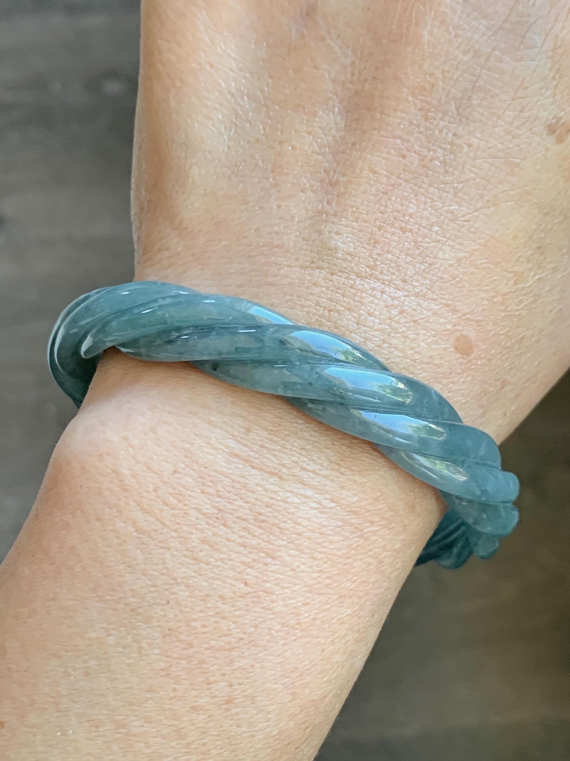 Certified Natural Grade A Guatemalan Icy Translucent Grayish Blue Jade Jadeite Carved Braid Bangle 60.93mm 7.53” 34g 天然冰危淡灰蓝翡翠麻花手镯 489