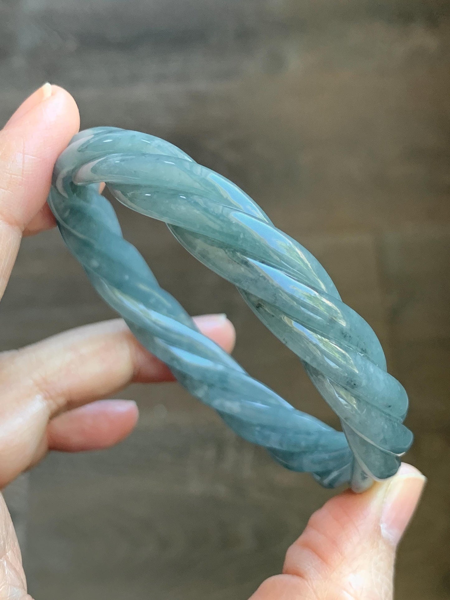 Certified Natural Grade A Guatemalan Icy Translucent Grayish Blue Jade Jadeite Carved Braid Bangle 60.93mm 7.53” 34g 天然冰危淡灰蓝翡翠麻花手镯 489