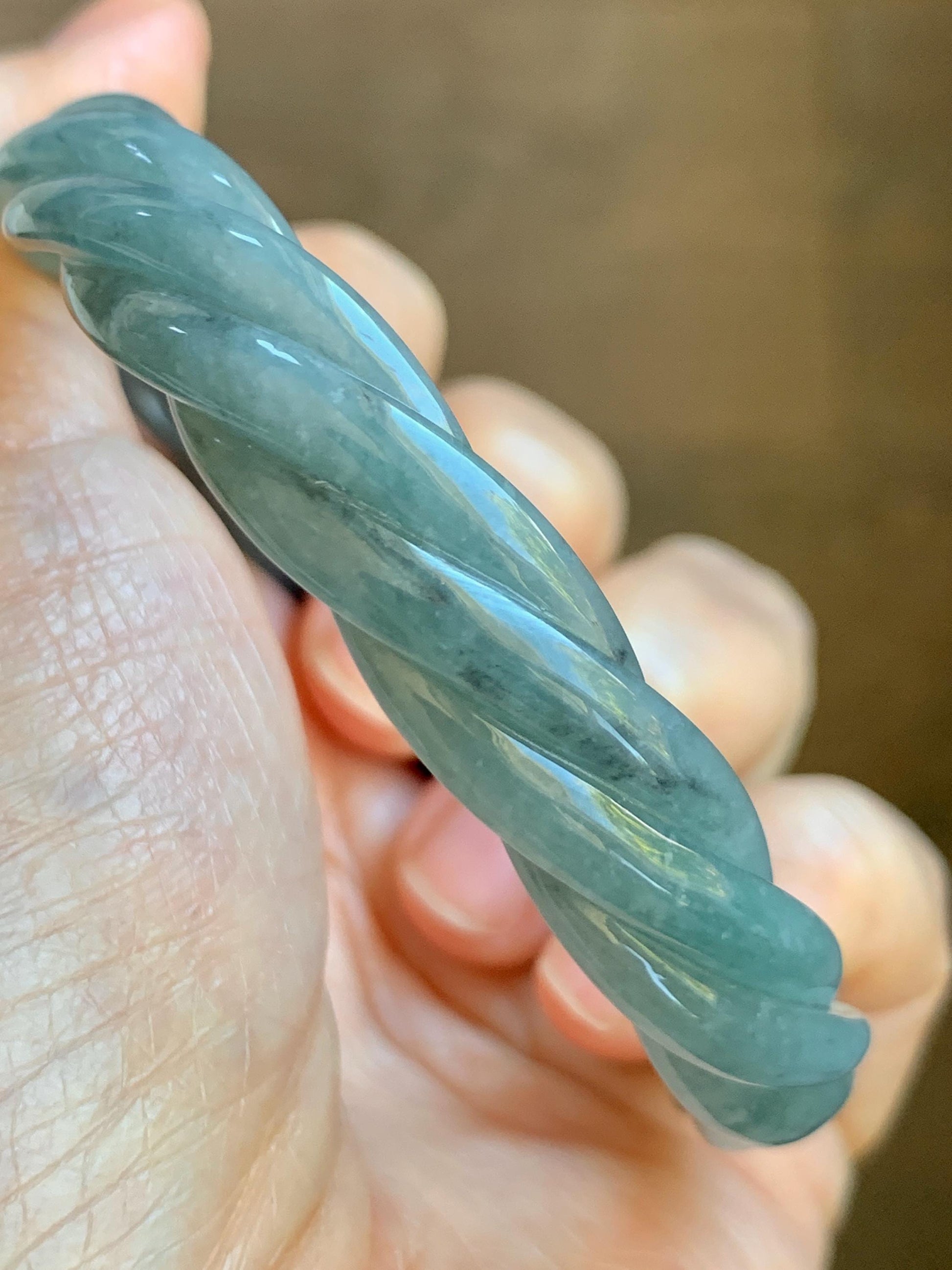 Certified Natural Grade A Guatemalan Icy Translucent Grayish Blue Jade Jadeite Carved Braid Bangle 60.93mm 7.53” 34g 天然冰危淡灰蓝翡翠麻花手镯 489