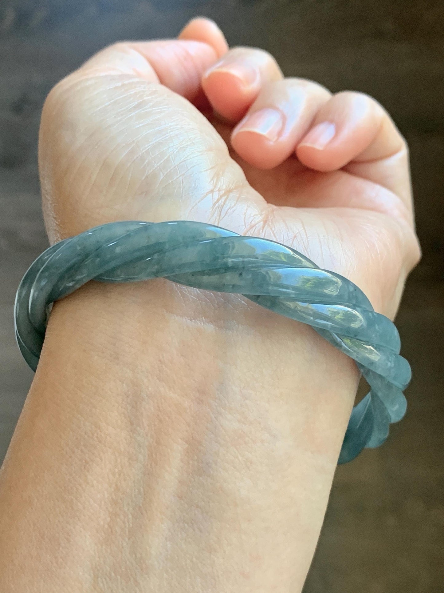 Certified Natural Grade A Guatemalan Icy Translucent Grayish Blue Jade Jadeite Carved Braid Bangle 60.93mm 7.53” 34g 天然冰危淡灰蓝翡翠麻花手镯 489
