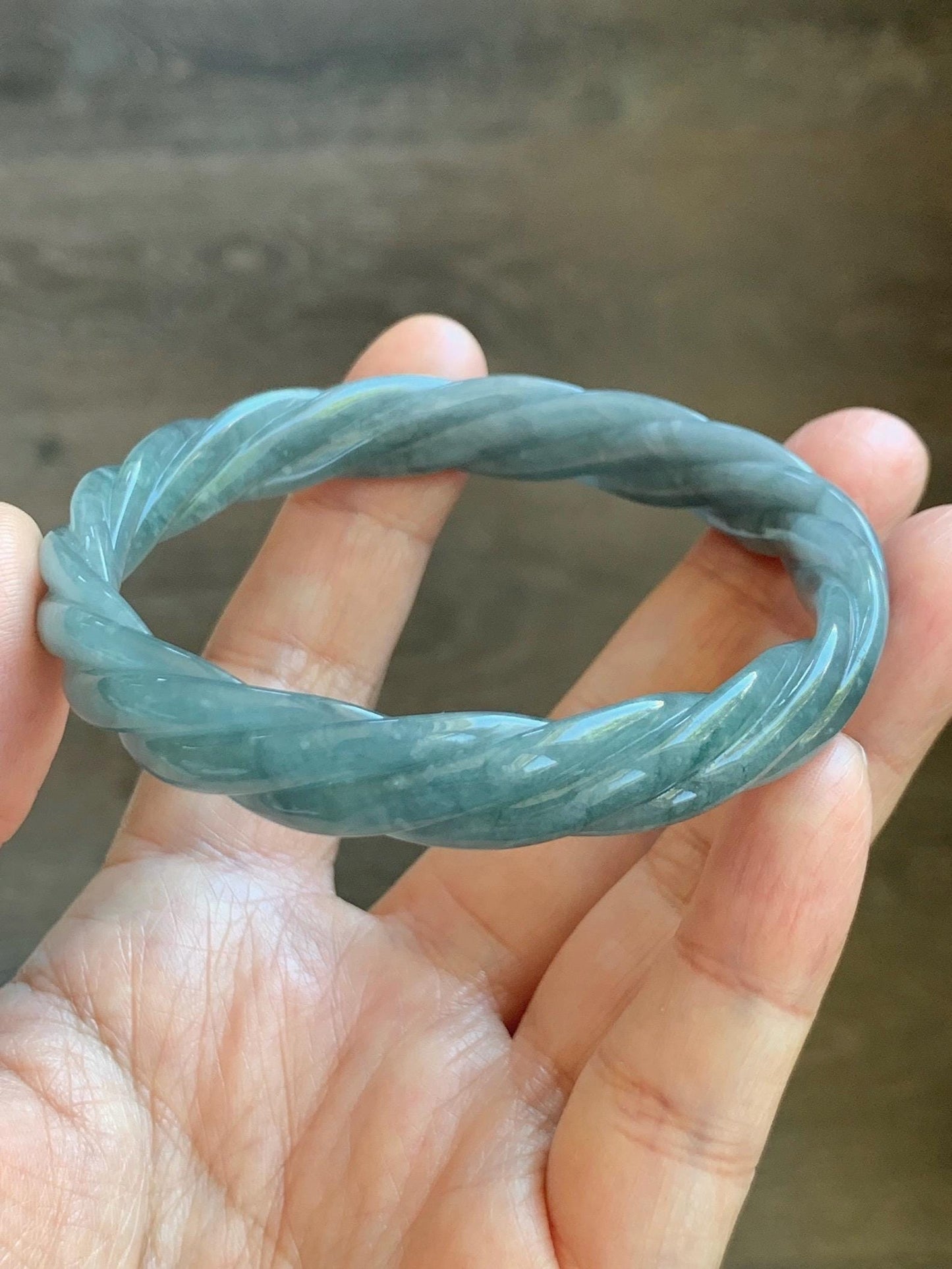 Certified Natural Grade A Guatemalan Icy Translucent Grayish Blue Jade Jadeite Carved Braid Bangle 60.93mm 7.53” 33g 天然冰危淡灰蓝翡翠麻花手镯 474