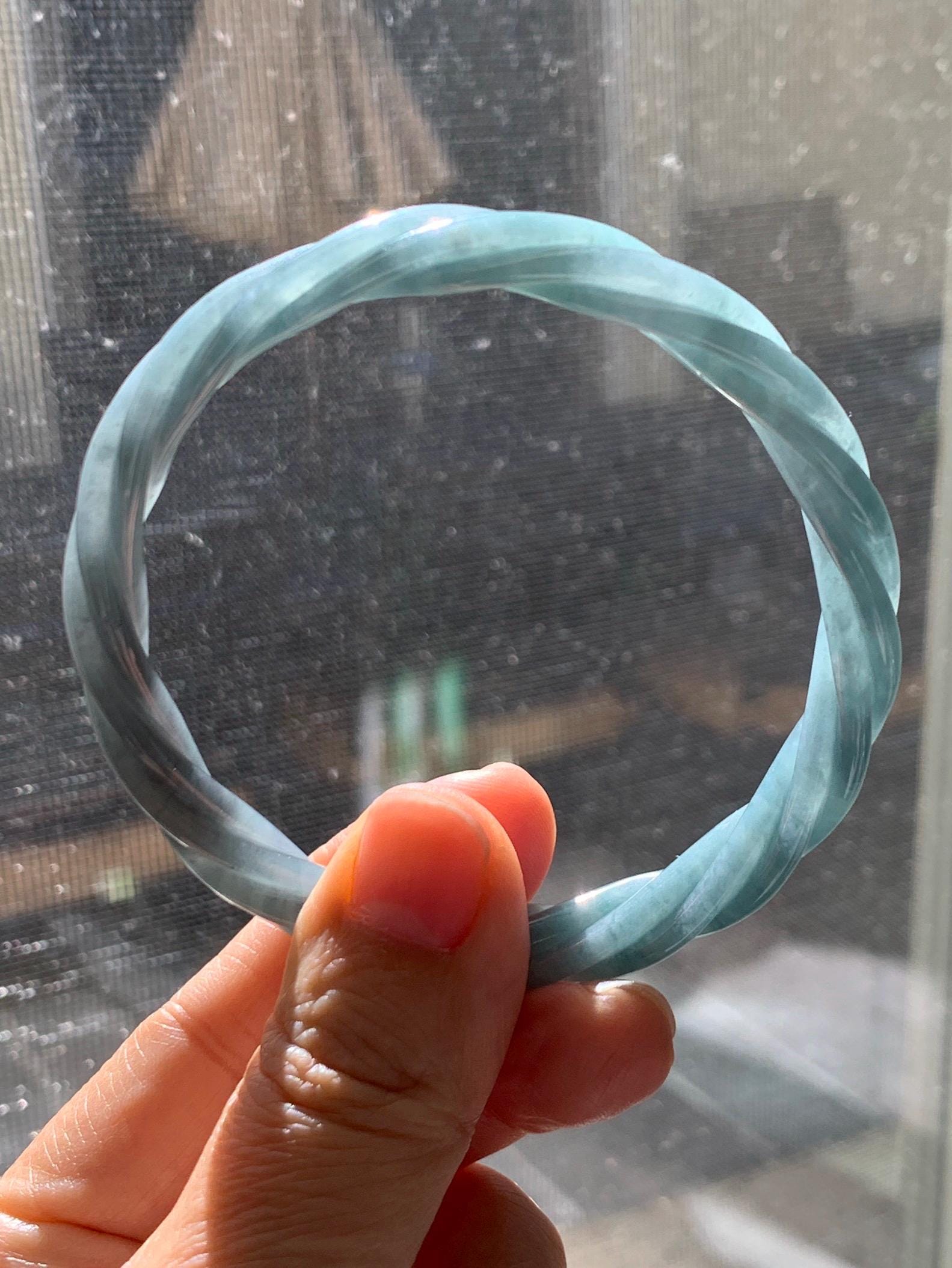 Certified Natural Grade A Guatemalan Icy Translucent Grayish Blue Jade Jadeite Carved Braid Bangle 60.93mm 7.53” 33g 天然冰危淡灰蓝翡翠麻花手镯 474