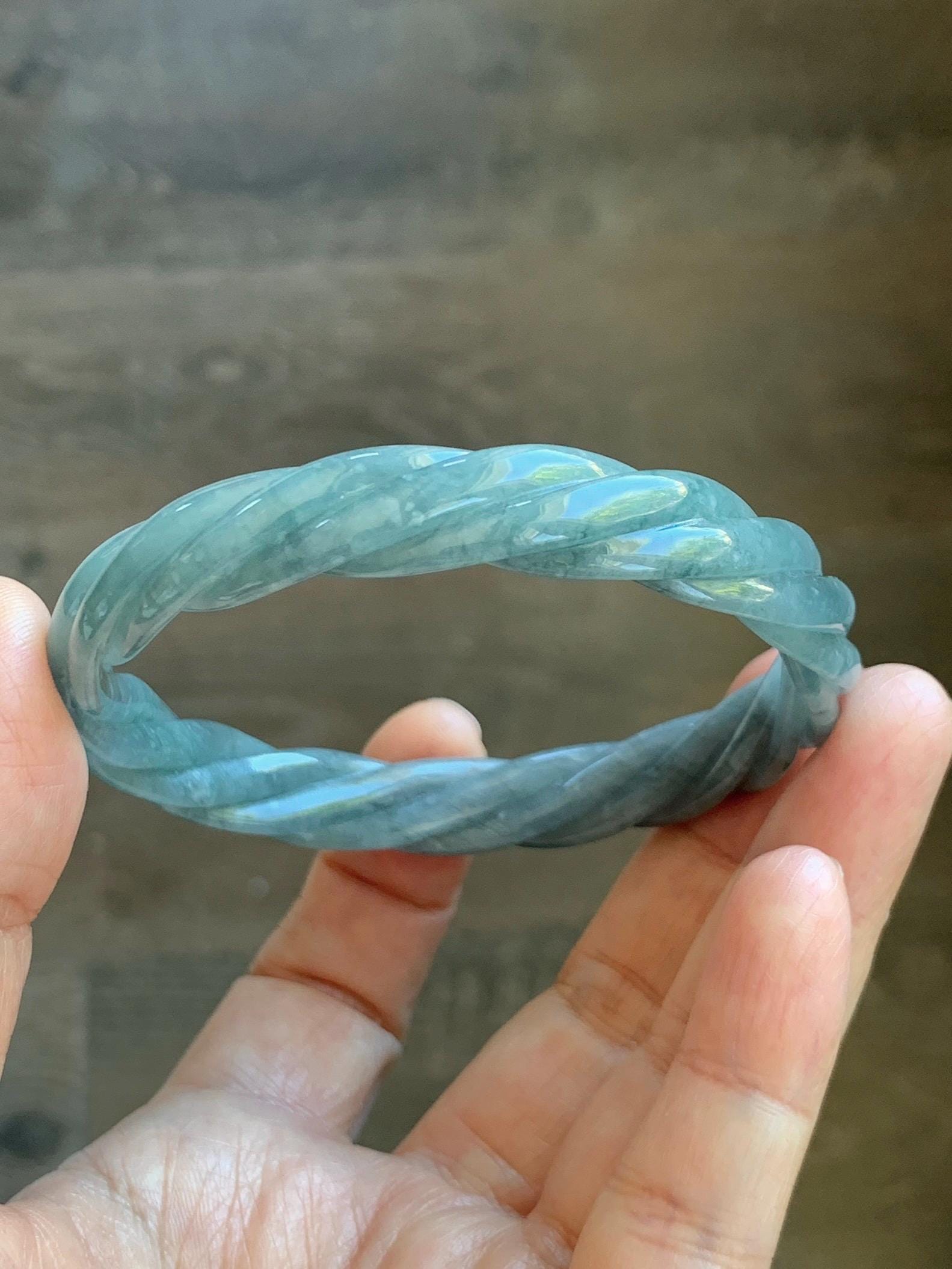 Certified Natural Grade A Guatemalan Icy Translucent Grayish Blue Jade Jadeite Carved Braid Bangle 60.93mm 7.53” 33g 天然冰危淡灰蓝翡翠麻花手镯 474