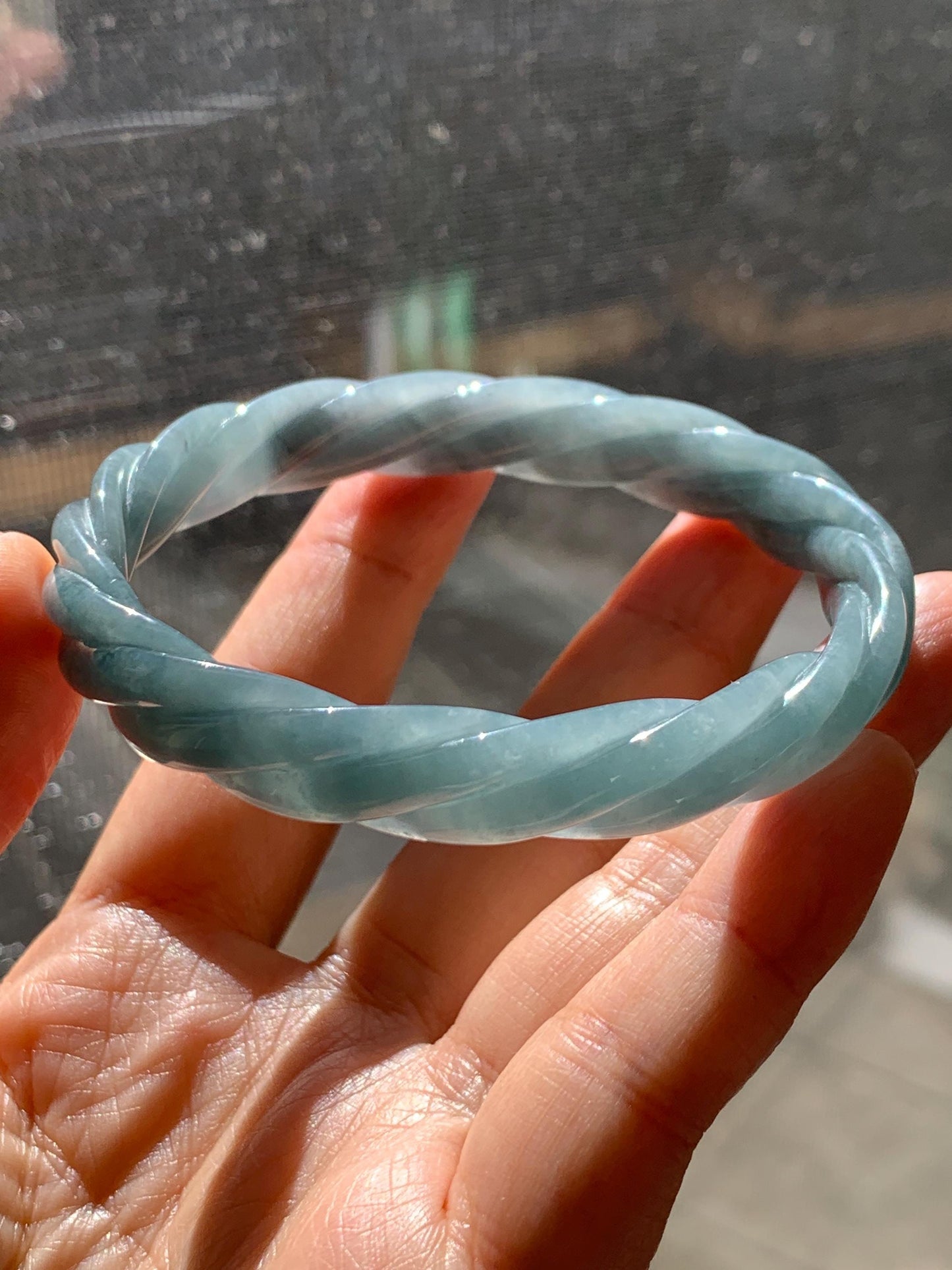 Certified Natural Grade A Guatemalan Icy Translucent Grayish Blue Jade Jadeite Carved Braid Bangle 60.93mm 7.53” 33g 天然冰危淡灰蓝翡翠麻花手镯 474