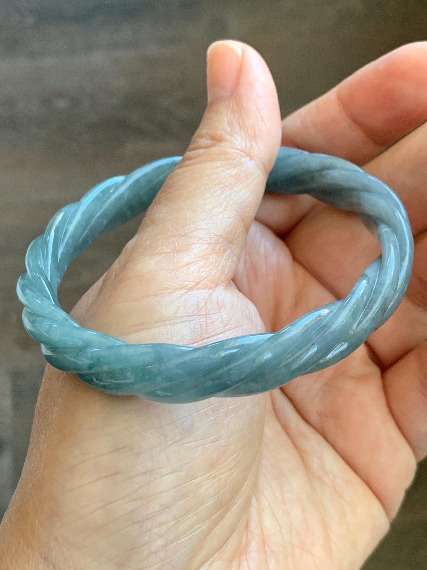 Certified Natural Grade A Guatemalan Icy Translucent Grayish Blue Jade Jadeite Carved Braid Bangle 60.93mm 7.53” 33g 天然冰危淡灰蓝翡翠麻花手镯 474