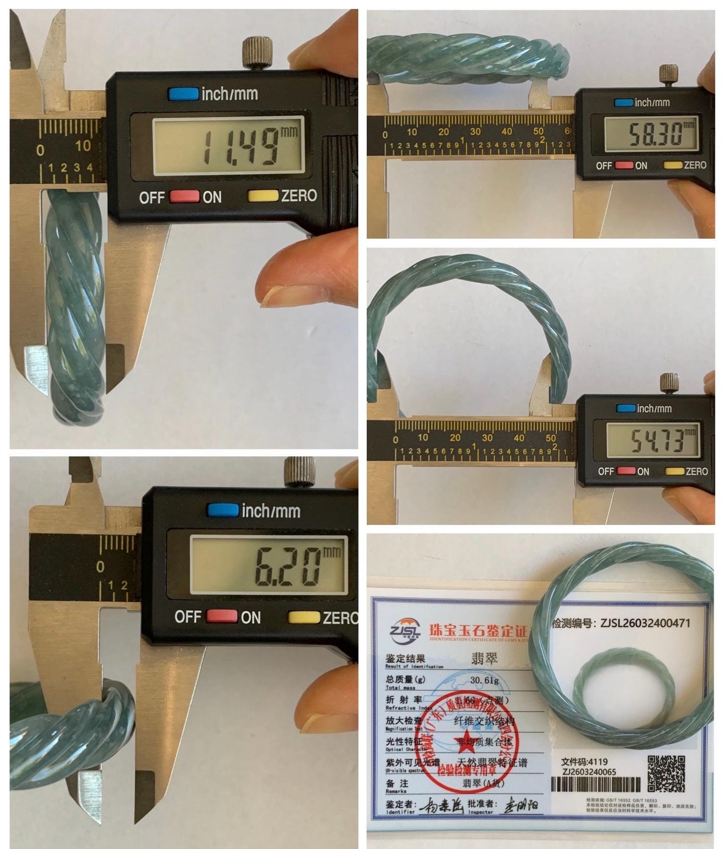 Certified Natural Grade A Guatemalan Icy Translucent Dusty Teal Blue Jade Jadeite Carved Braid Oval Bangle 58.3x54.7mm 天然冰危暗蓝翡翠麻花贵妃手镯 471
