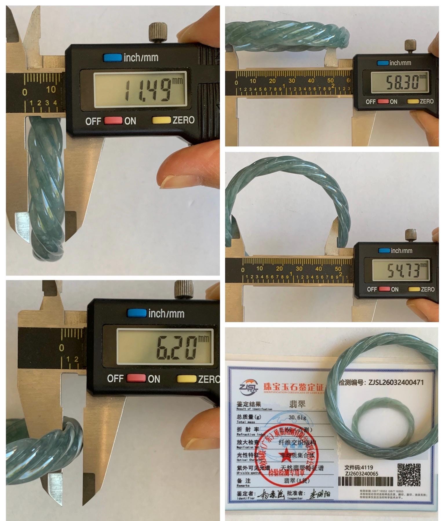 Certified Natural Grade A Guatemalan Icy Translucent Dusty Teal Blue Jade Jadeite Carved Braid Oval Bangle 58.3x54.7mm 天然冰危暗蓝翡翠麻花贵妃手镯 471