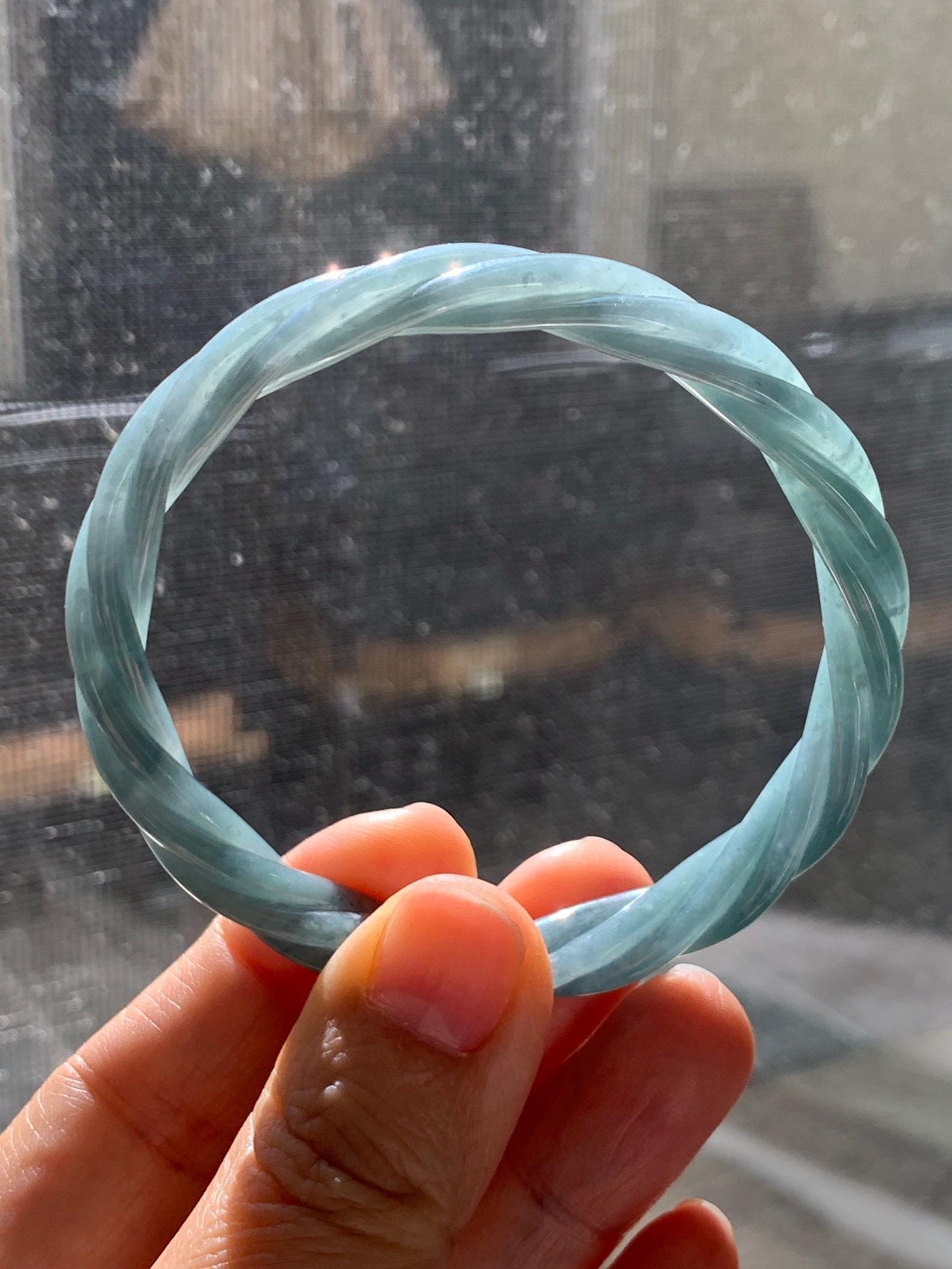 Certified Natural Grade A Guatemalan Icy Translucent Dusty Teal Blue Jade Jadeite Carved Braid Oval Bangle 58.3x54.7mm 天然冰危暗蓝翡翠麻花贵妃手镯 471