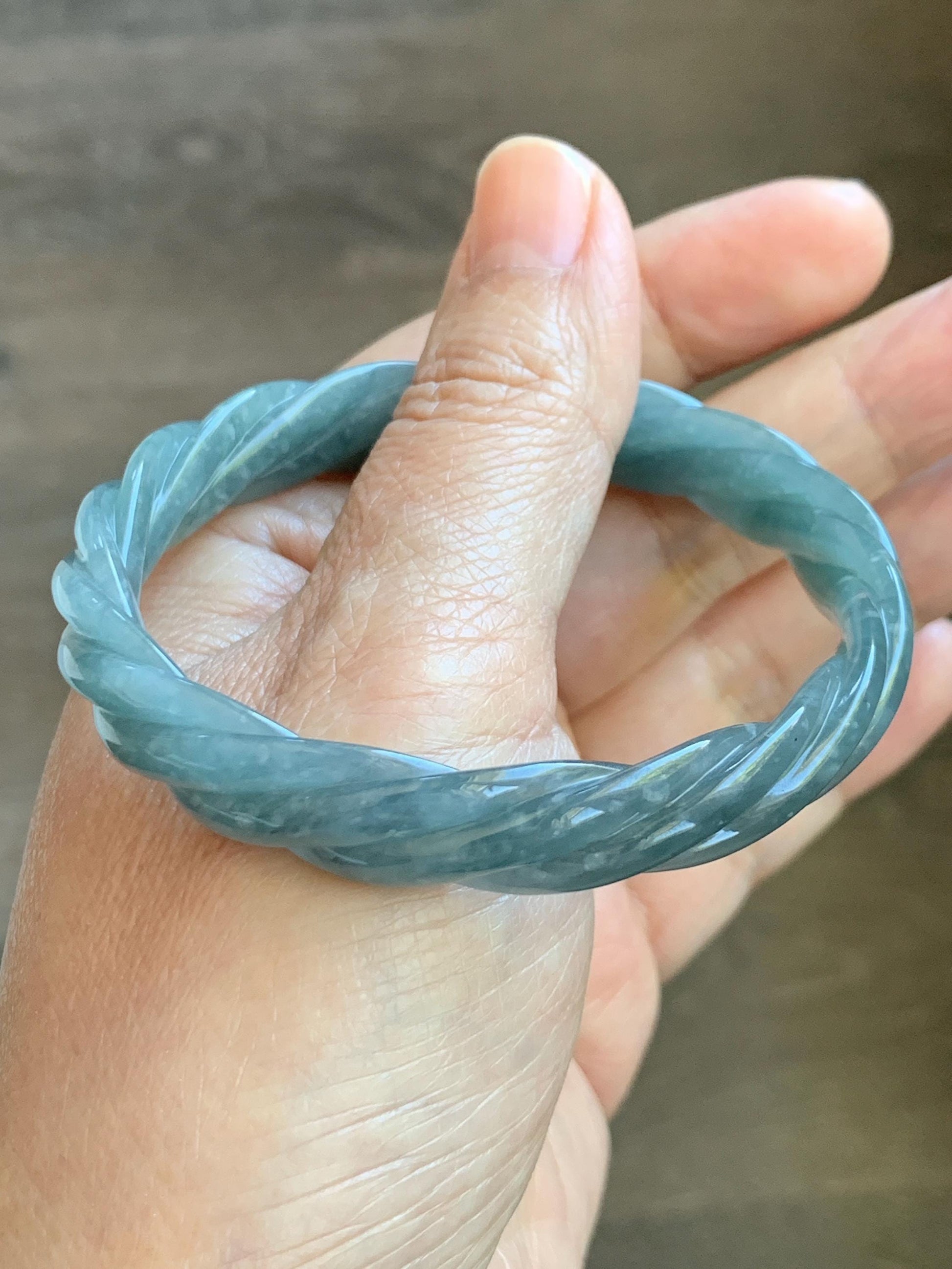 Certified Natural Grade A Guatemalan Icy Translucent Dusty Teal Blue Jade Jadeite Carved Braid Oval Bangle 58.3x54.7mm 天然冰危暗蓝翡翠麻花贵妃手镯 471
