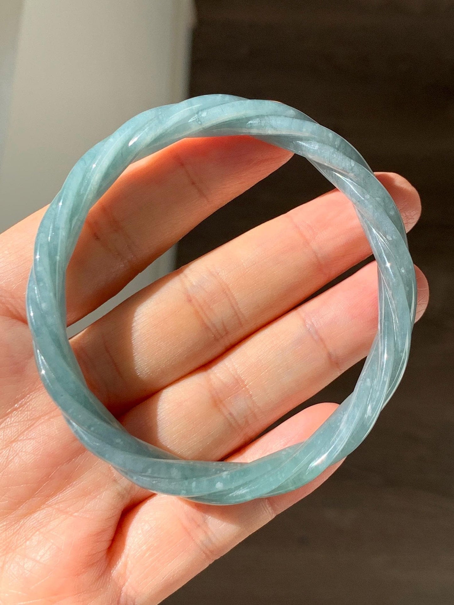 Certified Natural Grade A Guatemalan Icy Translucent Dusty Teal Blue Jade Jadeite Carved Braid Oval Bangle 58.3x54.7mm 天然冰危暗蓝翡翠麻花贵妃手镯 471