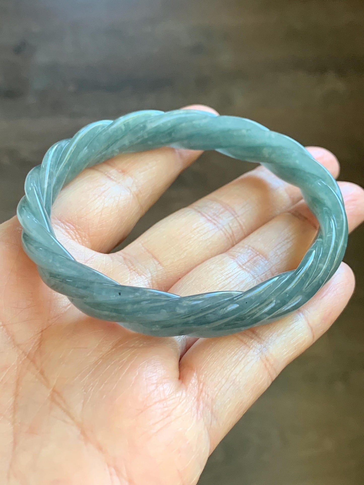 Certified Natural Grade A Guatemalan Icy Translucent Dusty Teal Blue Jade Jadeite Carved Braid Oval Bangle 58.3x54.7mm 天然冰危暗蓝翡翠麻花贵妃手镯 471