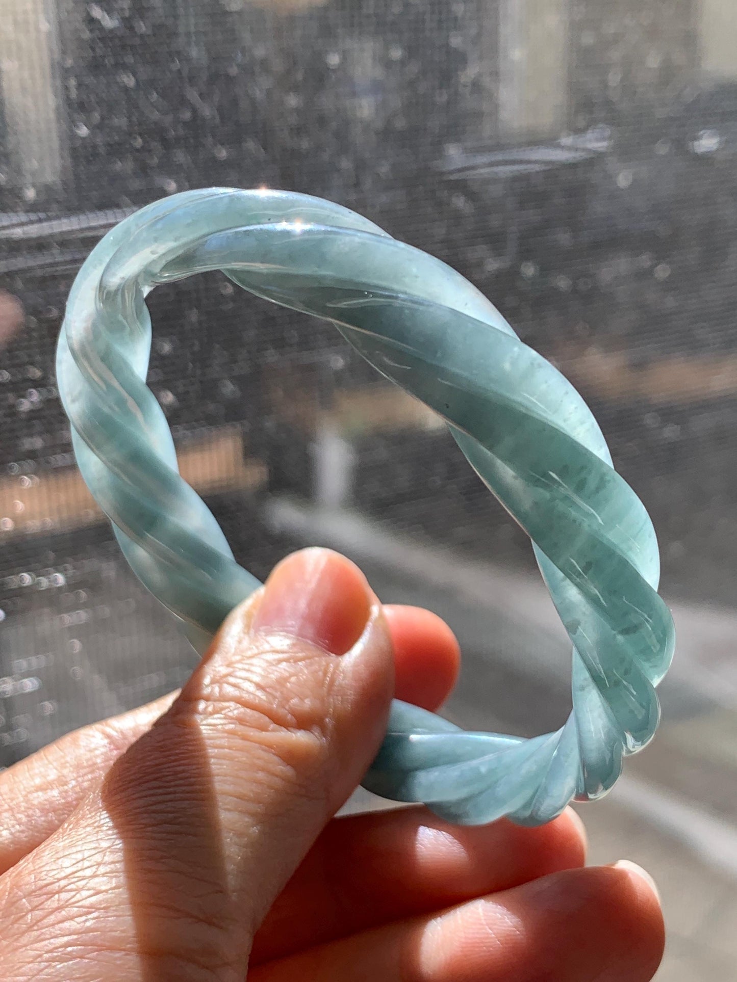 Certified Natural Grade A Guatemalan Icy Translucent Dusty Teal Blue Jade Jadeite Carved Braid Oval Bangle 58.3x54.7mm 天然冰危暗蓝翡翠麻花贵妃手镯 471