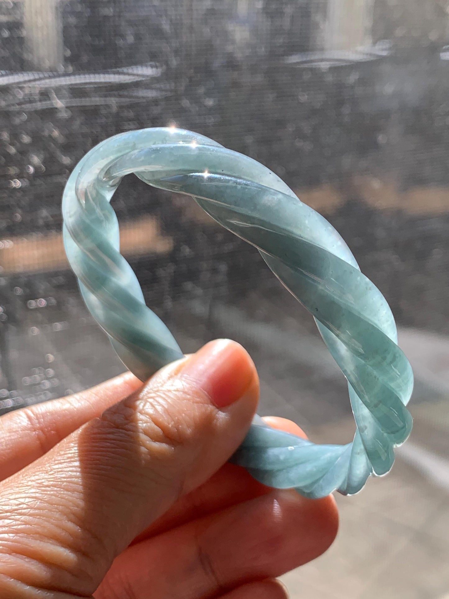Certified Natural Grade A Guatemalan Icy Translucent Dusty Teal Blue Jade Jadeite Carved Braid Oval Bangle 58.3x54.7mm 天然冰危暗蓝翡翠麻花贵妃手镯 471
