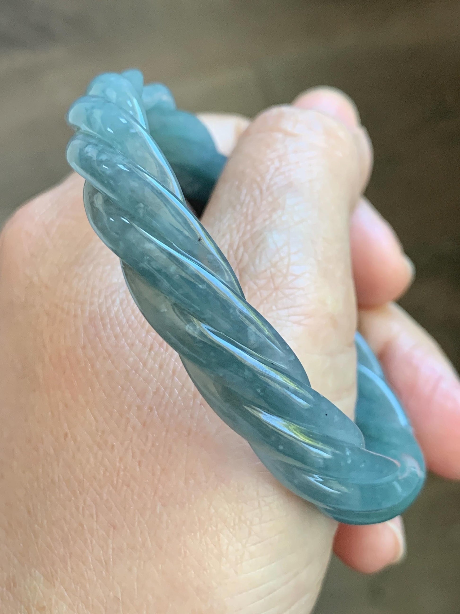 Certified Natural Grade A Guatemalan Icy Translucent Dusty Teal Blue Jade Jadeite Carved Braid Oval Bangle 58.3x54.7mm 天然冰危暗蓝翡翠麻花贵妃手镯 471