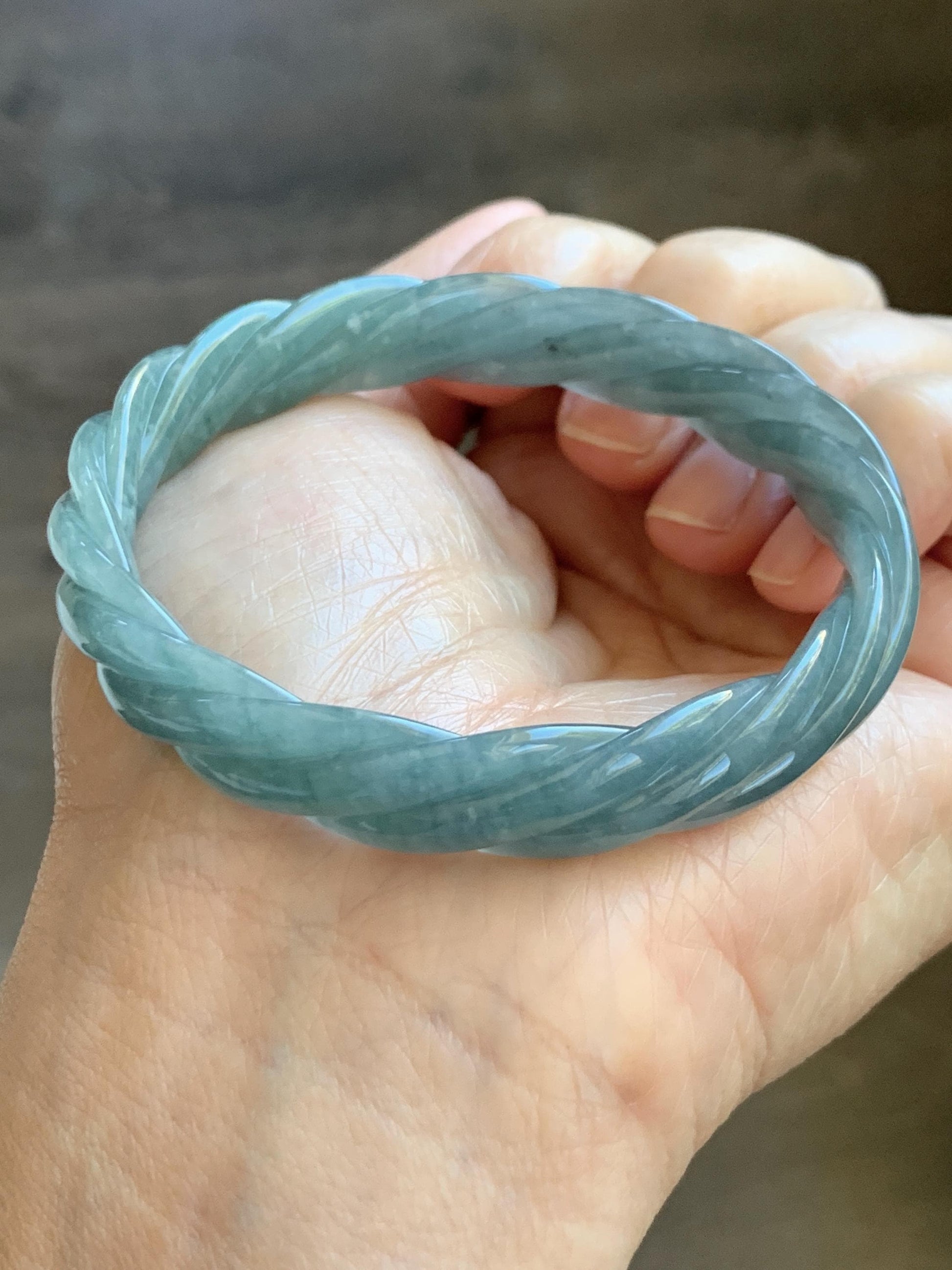 Certified Natural Grade A Guatemalan Icy Translucent Dusty Teal Blue Jade Jadeite Carved Braid Oval Bangle 58.3x54.7mm 天然冰危暗蓝翡翠麻花贵妃手镯 471