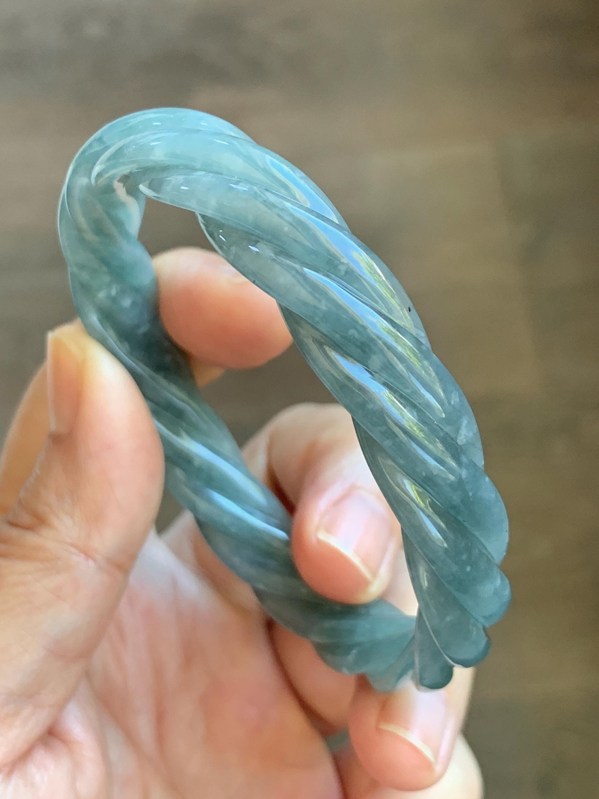 Certified Natural Grade A Guatemalan Icy Translucent Dusty Teal Blue Jade Jadeite Carved Braid Oval Bangle 58.3x54.7mm 天然冰危暗蓝翡翠麻花贵妃手镯 471
