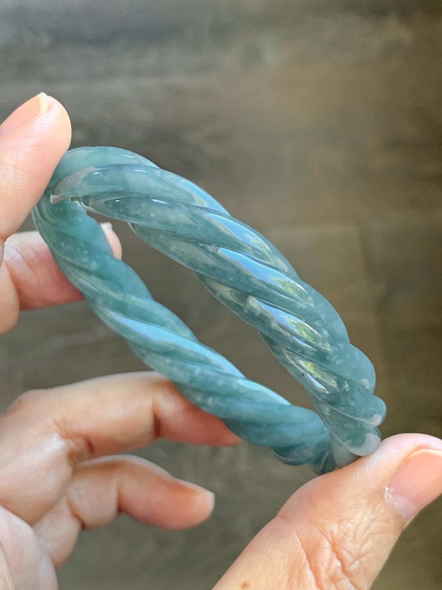 Certified Natural Grade A Guatemalan Icy Translucent Dusty Teal Blue Jade Jadeite Carved Braid Oval Bangle 58.3x54.7mm 天然冰危暗蓝翡翠麻花贵妃手镯 471