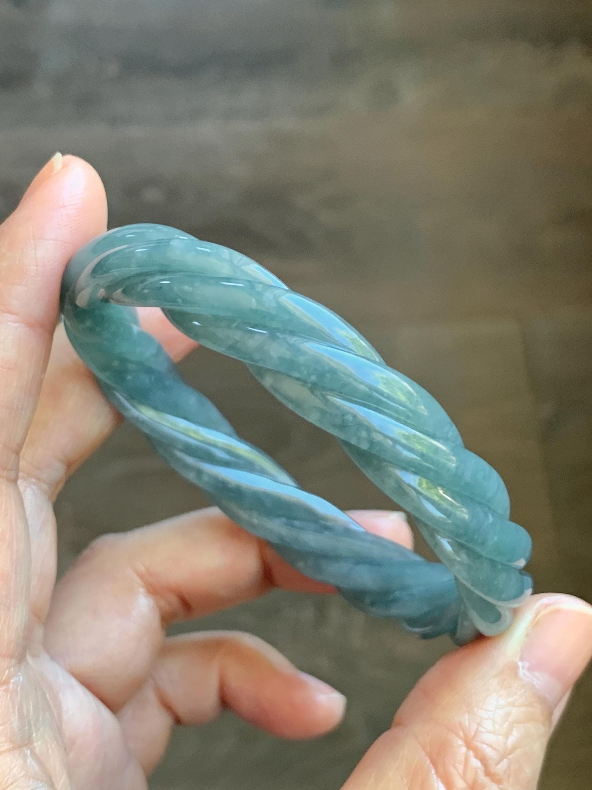 Certified Natural Grade A Guatemalan Icy Translucent Dusty Teal Blue Jade Jadeite Carved Braid Oval Bangle 58.3x54.7mm 天然冰危暗蓝翡翠麻花贵妃手镯 471