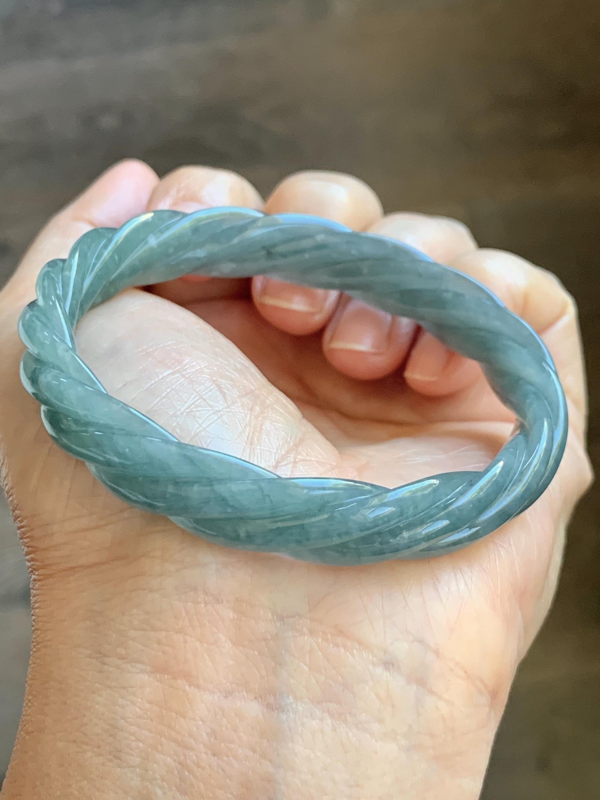 Certified Natural Grade A Guatemalan Icy Translucent Dusty Teal Blue Jade Jadeite Carved Braid Oval Bangle 58.3x54.7mm 天然冰危暗蓝翡翠麻花贵妃手镯 471