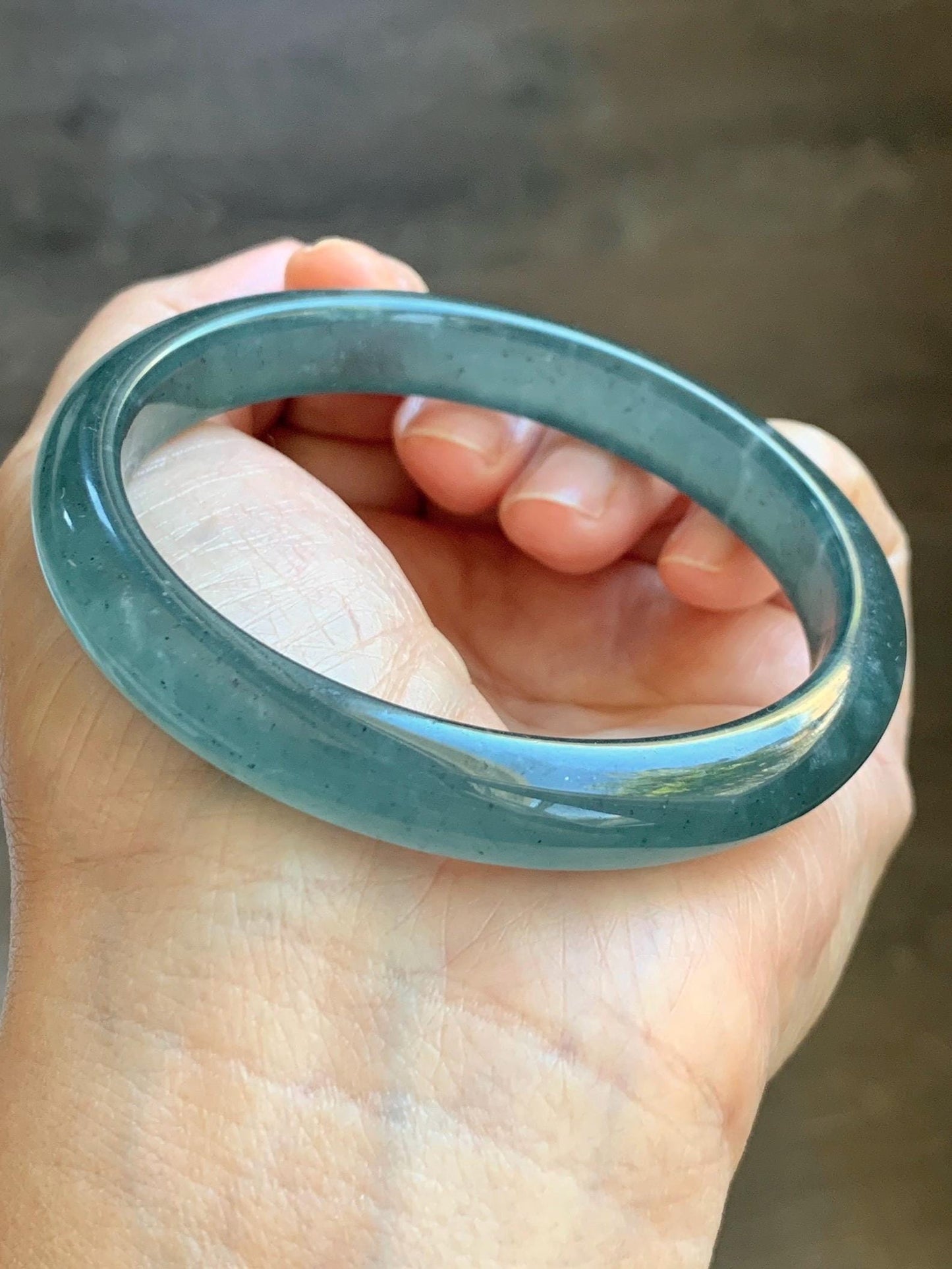 Certified Natural Grade A Guatemalan Icy Translucent Dark Teal Blue Jade Jadeite Wide Bangle 59.66mm 7.37” 39g 天然冰危深蓝绿翡翠正圈宽版手镯 521