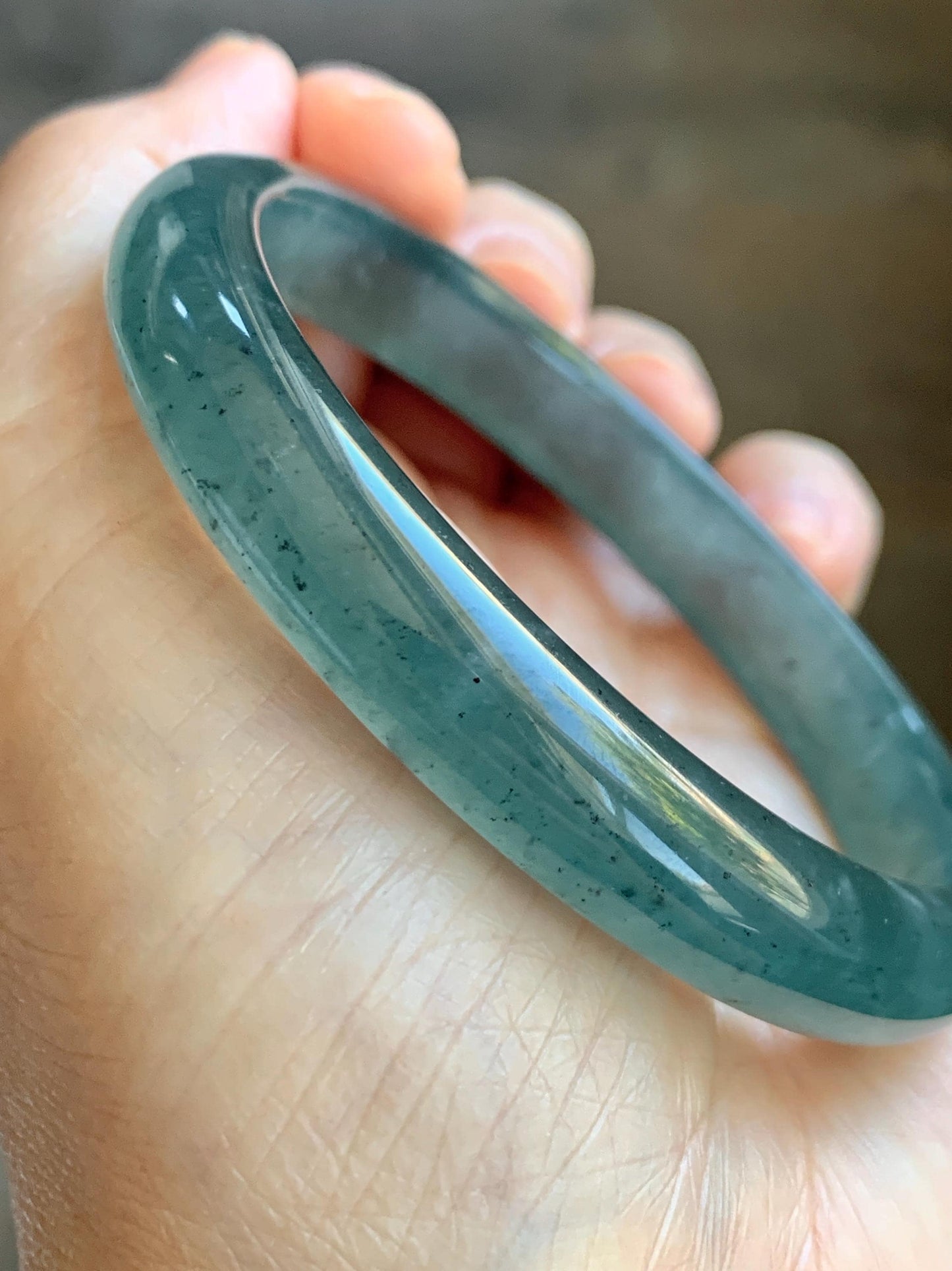 Certified Natural Grade A Guatemalan Icy Translucent Dark Teal Blue Jade Jadeite Wide Bangle 59.66mm 7.37” 39g 天然冰危深蓝绿翡翠正圈宽版手镯 521