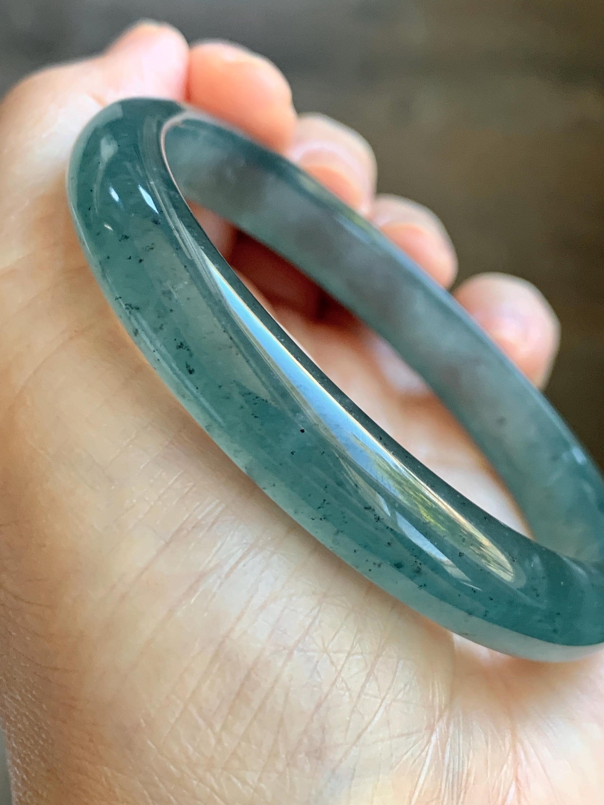 Certified Natural Grade A Guatemalan Icy Translucent Dark Teal Blue Jade Jadeite Wide Bangle 59.66mm 7.37” 39g 天然冰危深蓝绿翡翠正圈宽版手镯 521
