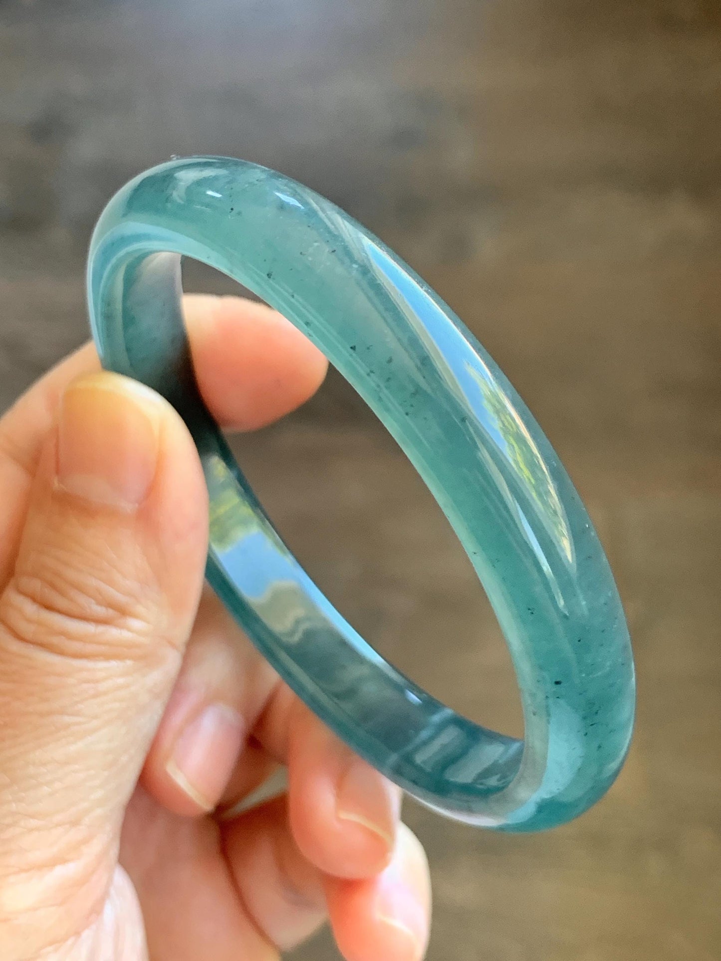 Certified Natural Grade A Guatemalan Icy Translucent Dark Teal Blue Jade Jadeite Wide Bangle 59.66mm 7.37” 39g 天然冰危深蓝绿翡翠正圈宽版手镯 521