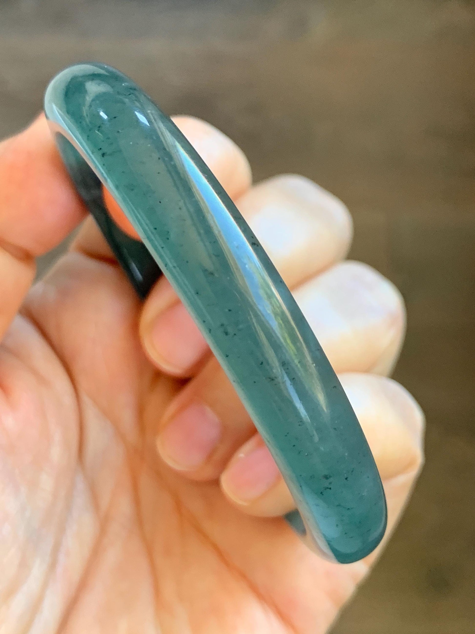 Certified Natural Grade A Guatemalan Icy Translucent Dark Teal Blue Jade Jadeite Wide Bangle 59.66mm 7.37” 39g 天然冰危深蓝绿翡翠正圈宽版手镯 521