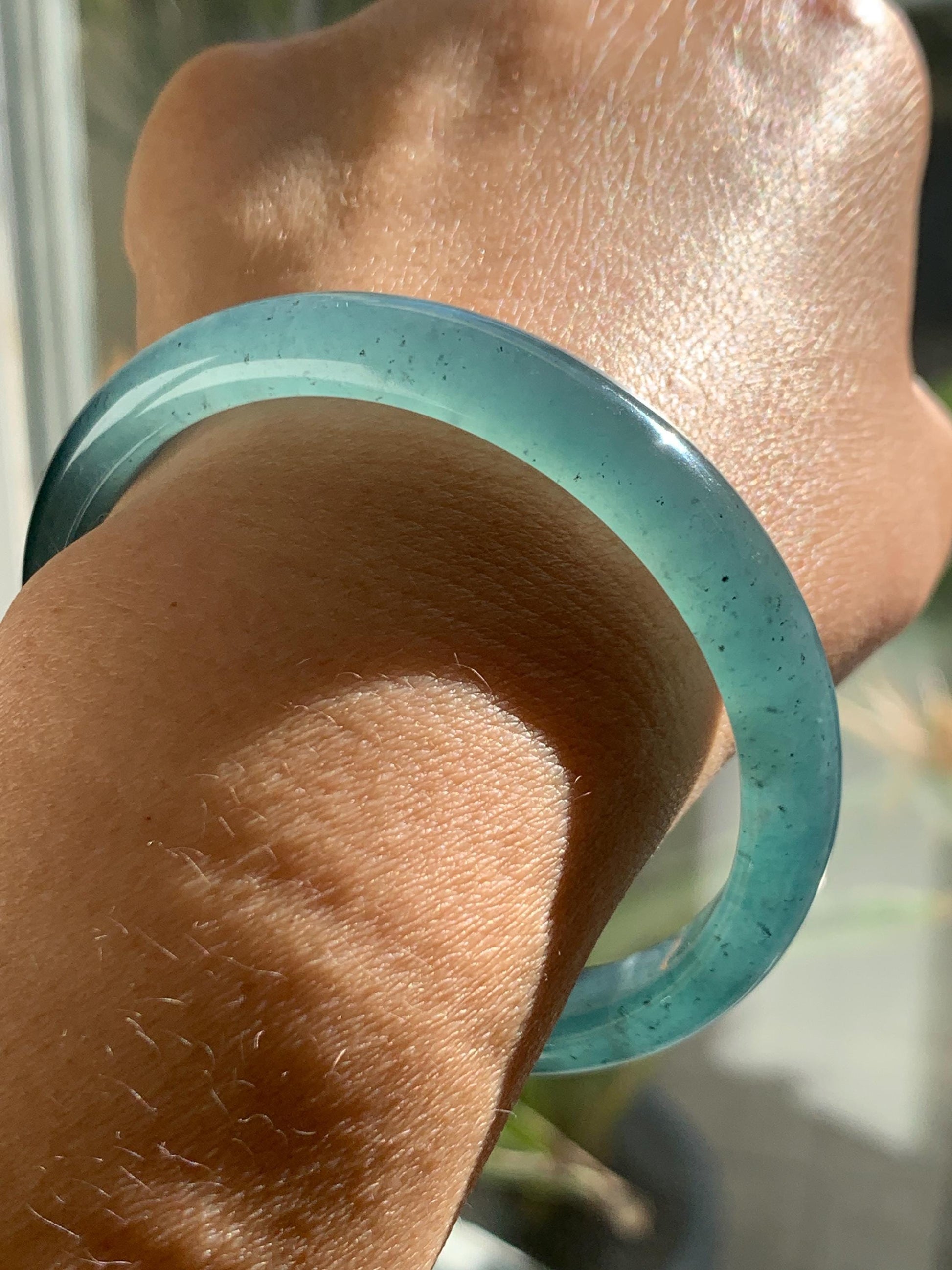 Certified Natural Grade A Guatemalan Icy Translucent Dark Teal Blue Jade Jadeite Wide Bangle 59.66mm 7.37” 39g 天然冰危深蓝绿翡翠正圈宽版手镯 521
