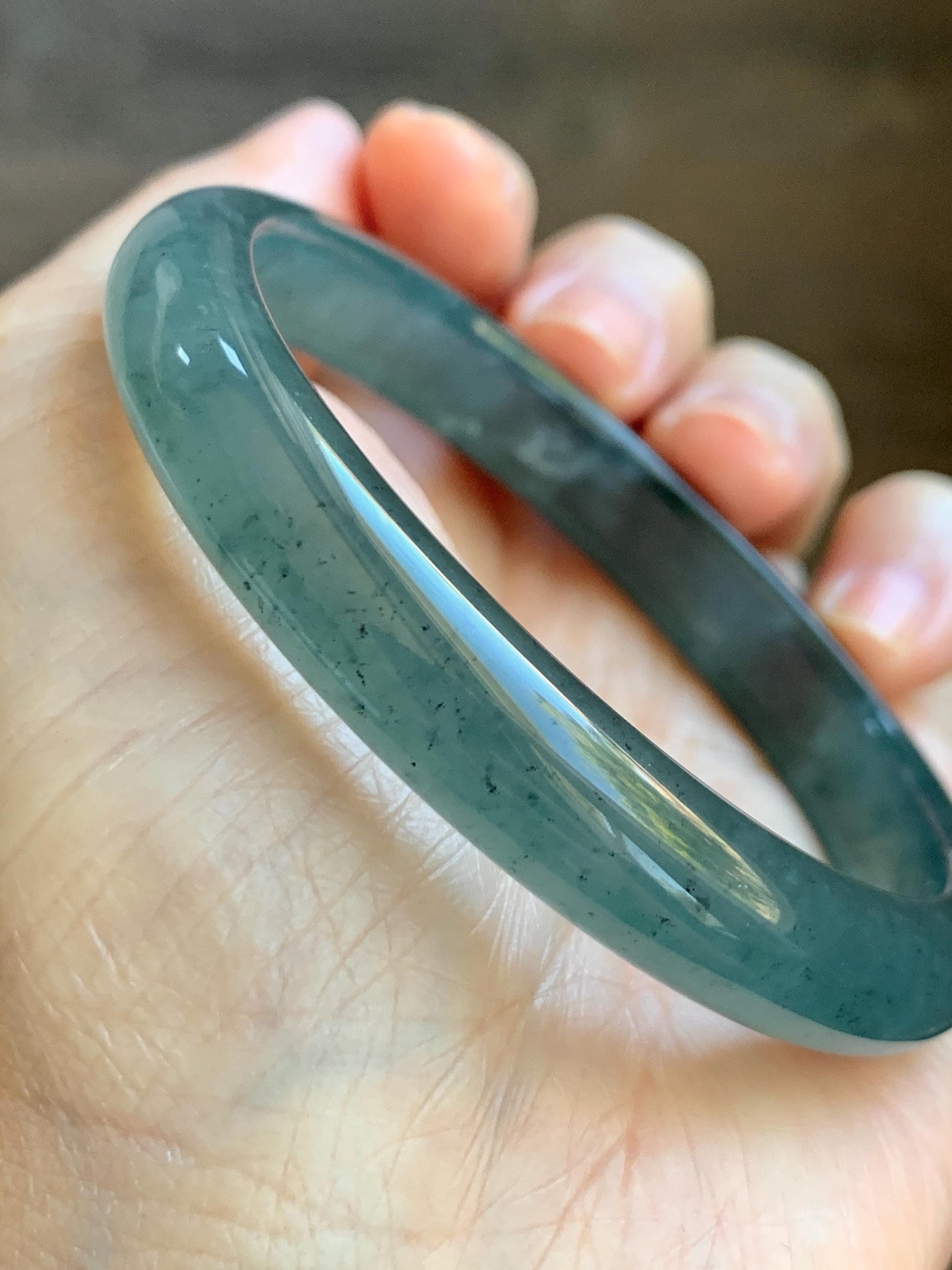 Certified Natural Grade A Guatemalan Icy Translucent Dark Teal Blue Jade Jadeite Wide Bangle 59.66mm 7.37” 39g 天然冰危深蓝绿翡翠正圈宽版手镯 521
