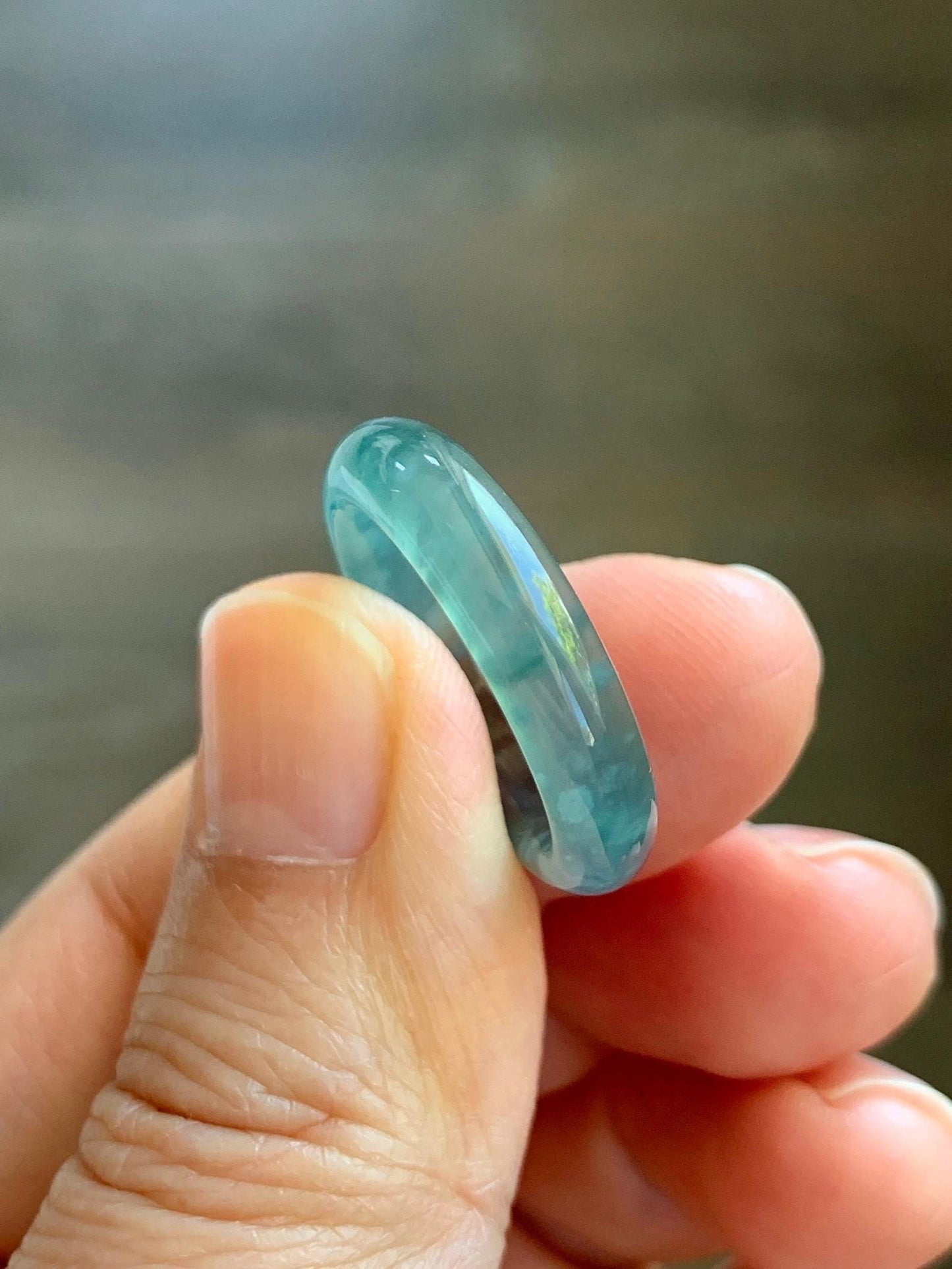 Certified Natural Grade A Guatemalan Icy Highly Translucent Dark Teal Blue Jade Jadeite Band Ring Size 6.75 US Comfort Fit 天然冰胶危蓝绿翡翠戒圈 447