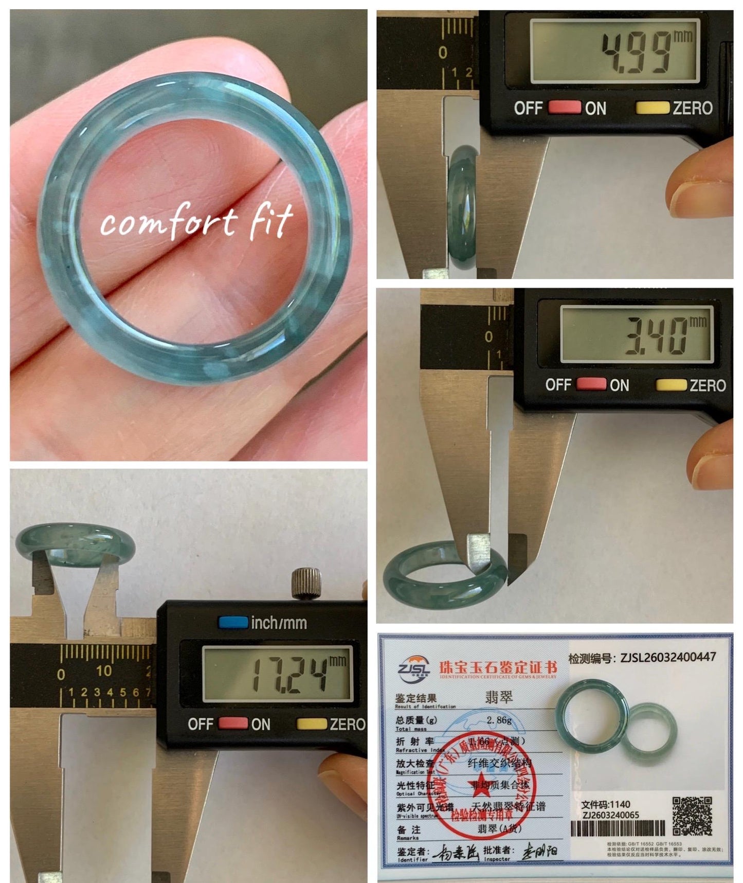 Certified Natural Grade A Guatemalan Icy Highly Translucent Dark Teal Blue Jade Jadeite Band Ring Size 6.75 US Comfort Fit 天然冰胶危蓝绿翡翠戒圈 447