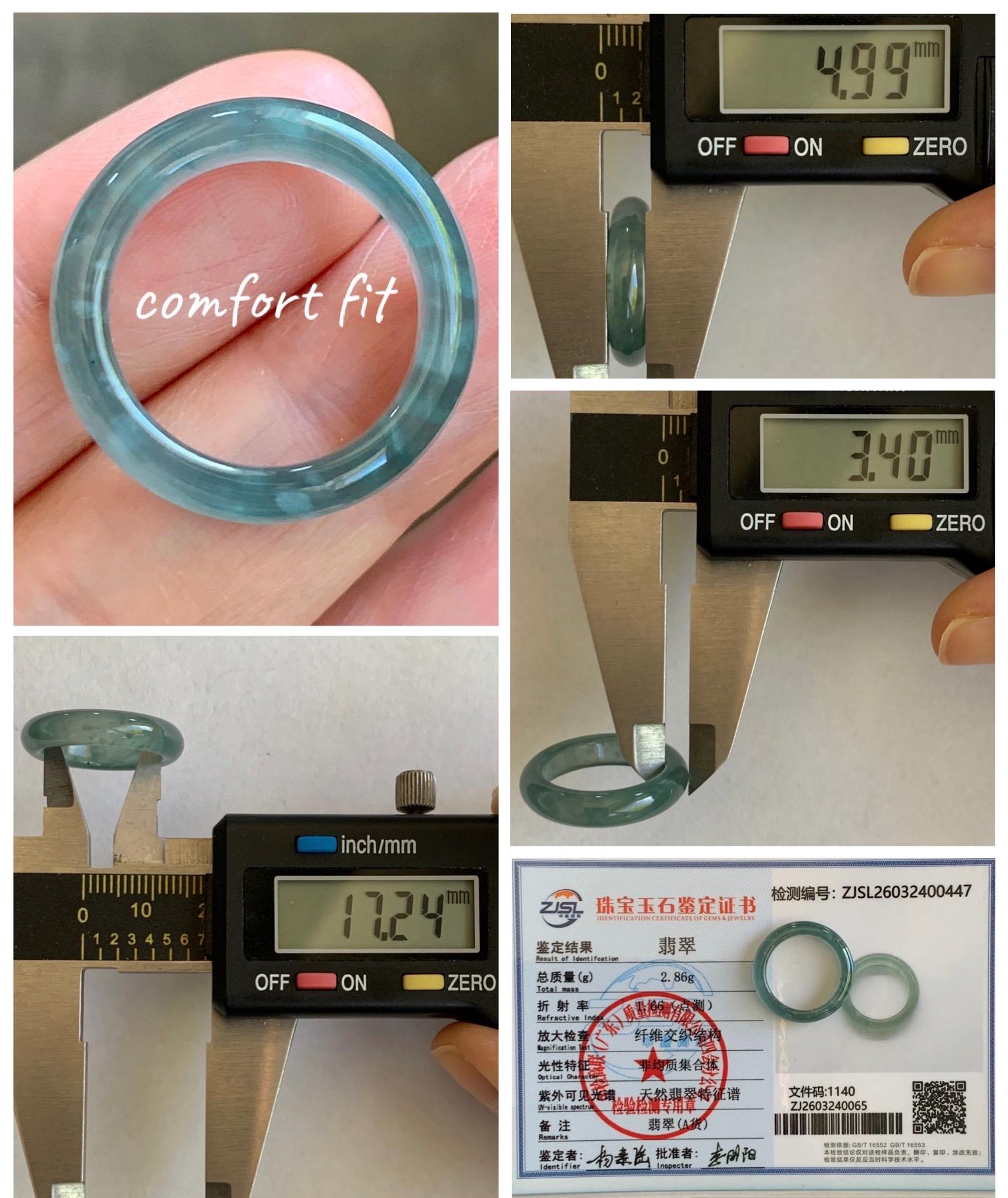 Certified Natural Grade A Guatemalan Icy Highly Translucent Dark Teal Blue Jade Jadeite Band Ring Size 6.75 US Comfort Fit 天然冰胶危蓝绿翡翠戒圈 447