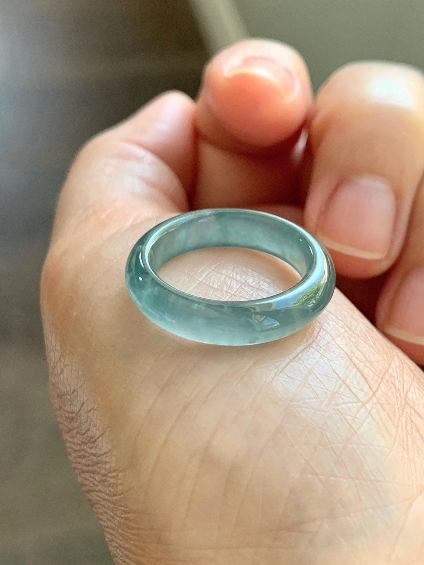 Certified Natural Grade A Guatemalan Icy Highly Translucent Dark Teal Blue Jade Jadeite Band Ring Size 6.75 US Comfort Fit 天然冰胶危蓝绿翡翠戒圈 447