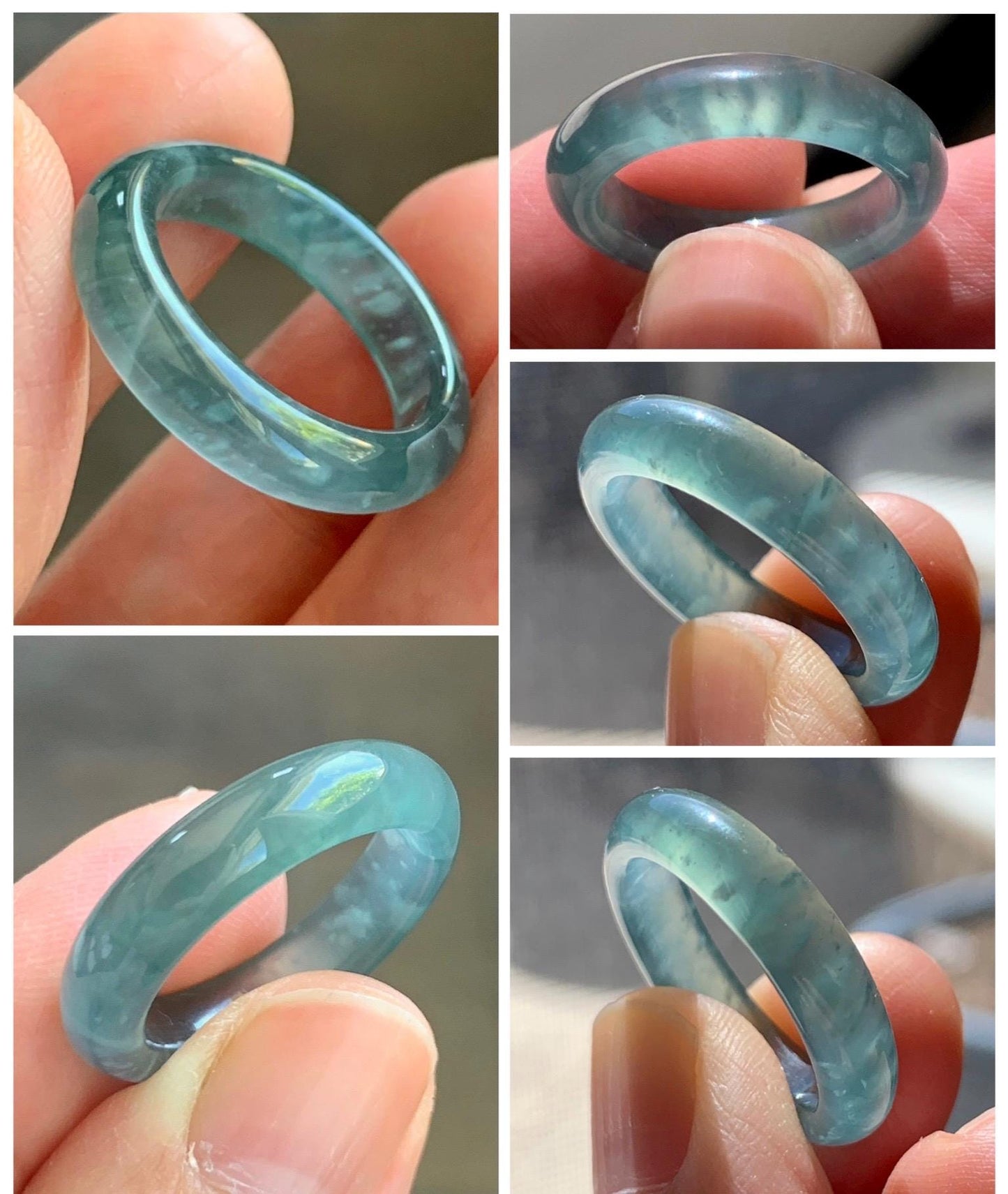 Certified Natural Grade A Guatemalan Icy Highly Translucent Dark Teal Blue Jade Jadeite Band Ring Size 6.75 US Comfort Fit 天然冰胶危蓝绿翡翠戒圈 447