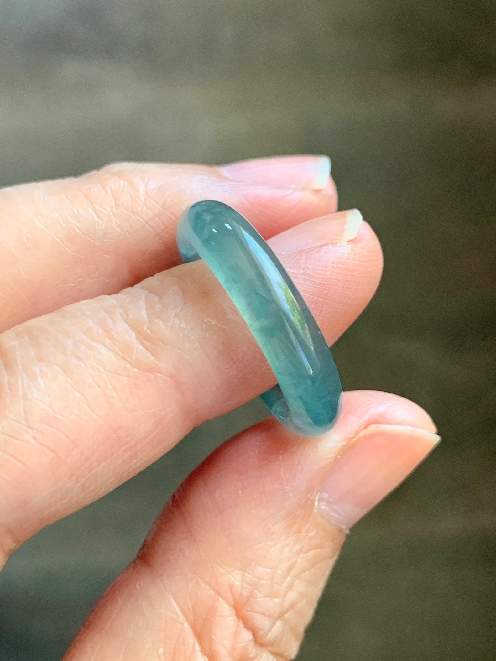 Certified Natural Grade A Guatemalan Icy Highly Translucent Dark Teal Blue Jade Jadeite Band Ring Size 6.75 US Comfort Fit 天然冰胶危蓝绿翡翠戒圈 447