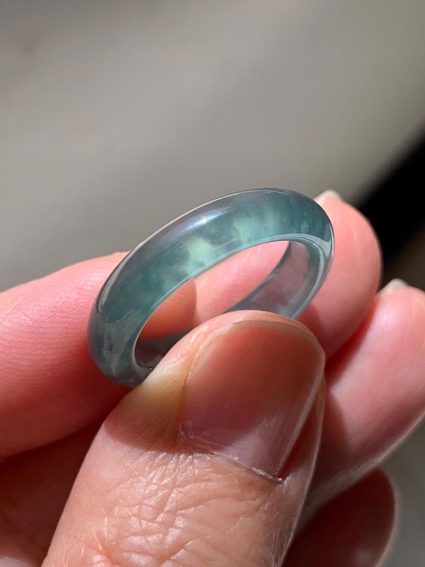 Certified Natural Grade A Guatemalan Icy Highly Translucent Dark Teal Blue Jade Jadeite Band Ring Size 6.75 US Comfort Fit 天然冰胶危蓝绿翡翠戒圈 447