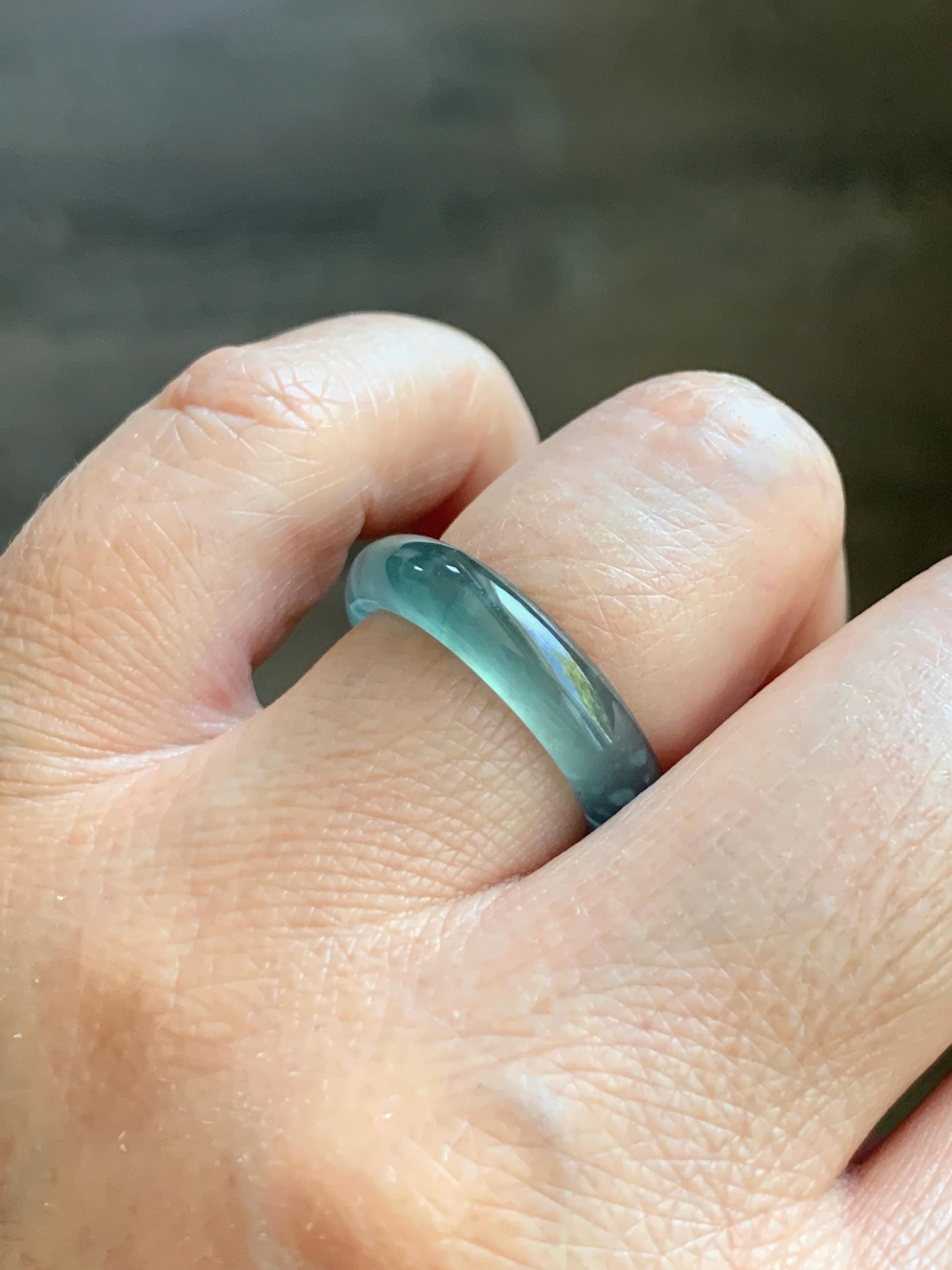 Certified Natural Grade A Guatemalan Icy Highly Translucent Dark Teal Blue Jade Jadeite Band Ring Size 6.75 US Comfort Fit 天然冰胶危蓝绿翡翠戒圈 447